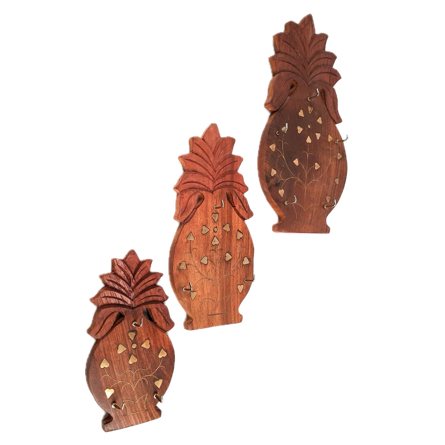 Key Holder Wall Hanging | Key Hook Stand - Pineapple Design | Wooden Keys Organizer - For Home, Entrance, Office Decor & Gifts - (Set of 3) (11 Hooks) - Apkamart