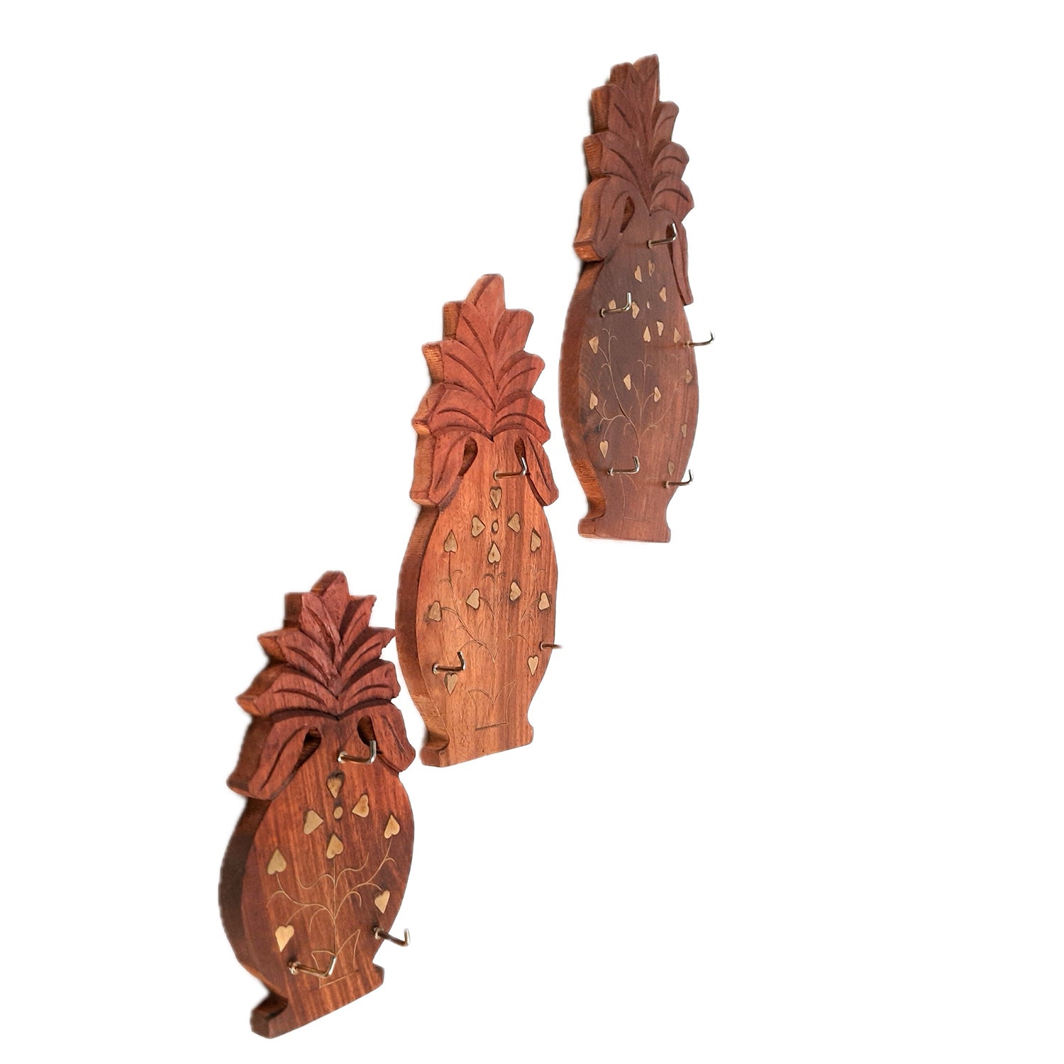 Key Holder Wall Hanging | Key Hook Stand - Pineapple Design | Wooden Keys Organizer - For Home, Entrance, Office Decor & Gifts - (Set of 3) (11 Hooks) - Apkamart