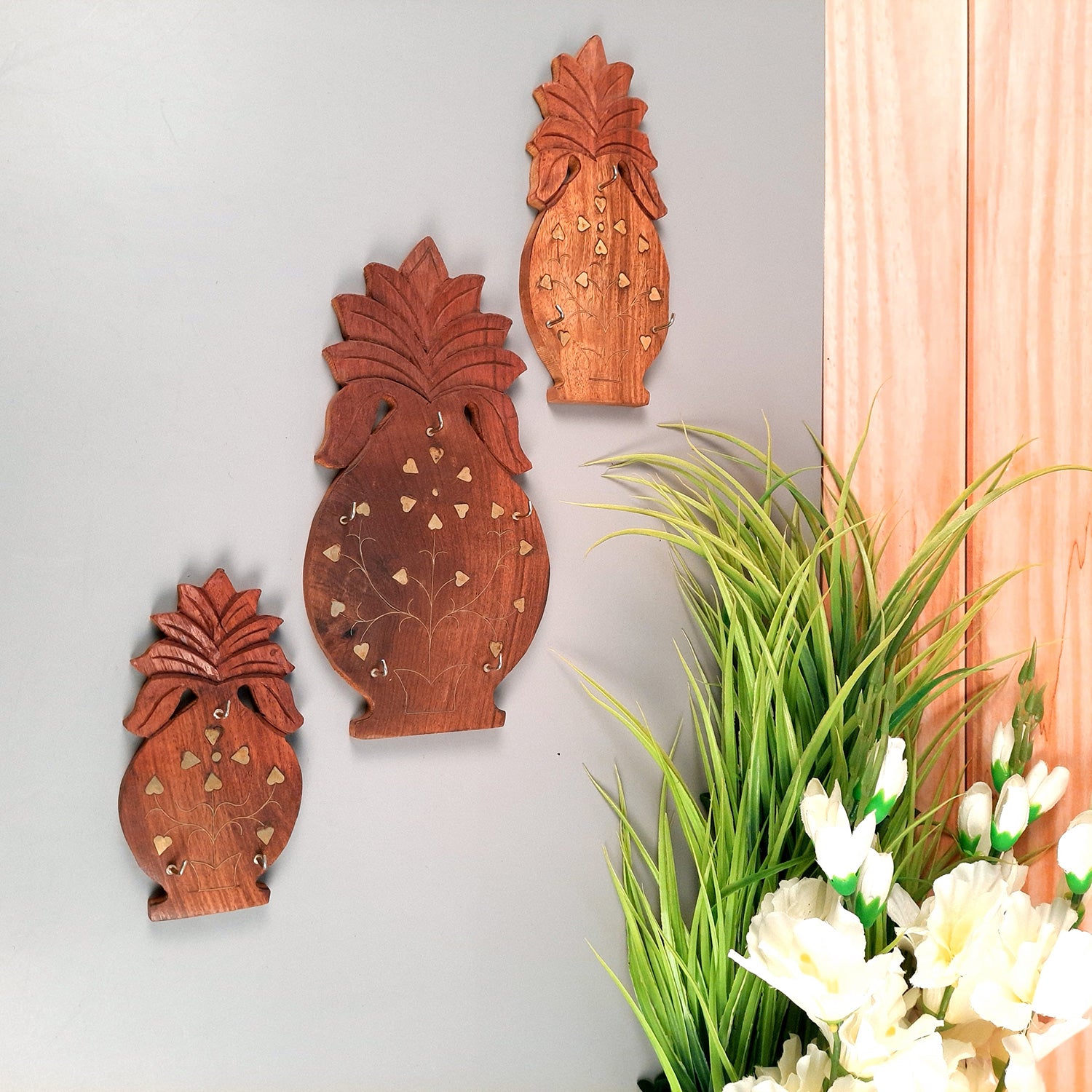 Key Holder Wall Hanging | Key Hook Stand - Pineapple Design | Wooden Keys Organizer - For Home, Entrance, Office Decor & Gifts - (Set of 3) (11 Hooks) - Apkamart