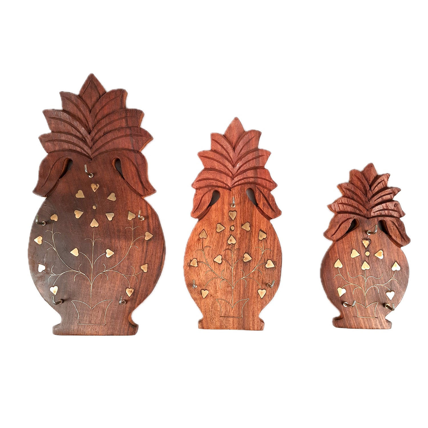Key Holder Wall Hanging | Key Hook Stand - Pineapple Design | Wooden Keys Organizer - For Home, Entrance, Office Decor & Gifts - (Set of 3) (11 Hooks) - Apkamart