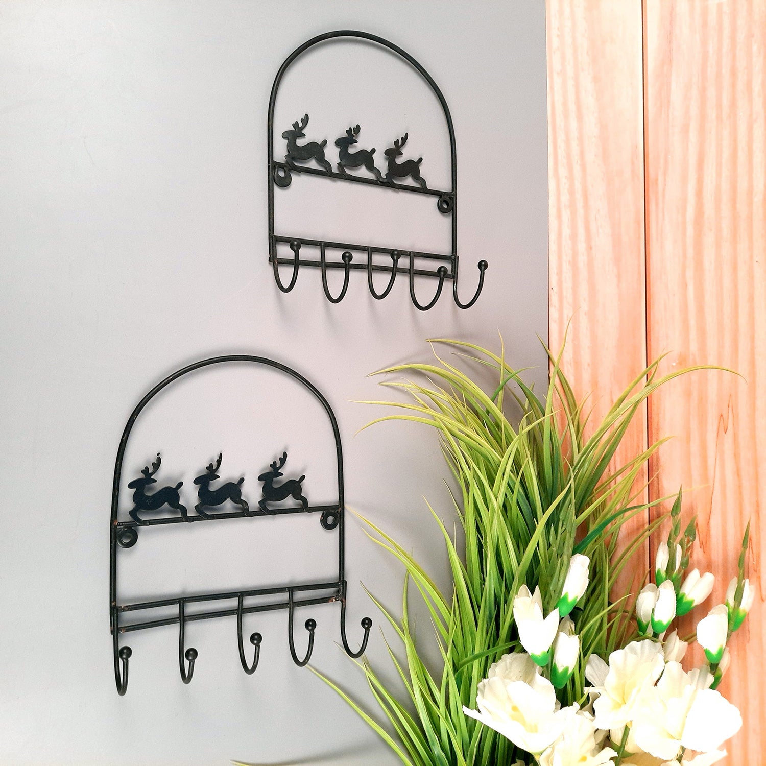Key Holder Stands | Keys Hook Wall Hangers - Reindeer Design | Keys Organizer - For Home, Entrance, Office Decor & Gifts - 9 Inch (5 Hooks) - Apkamart #Style_Pack of 2