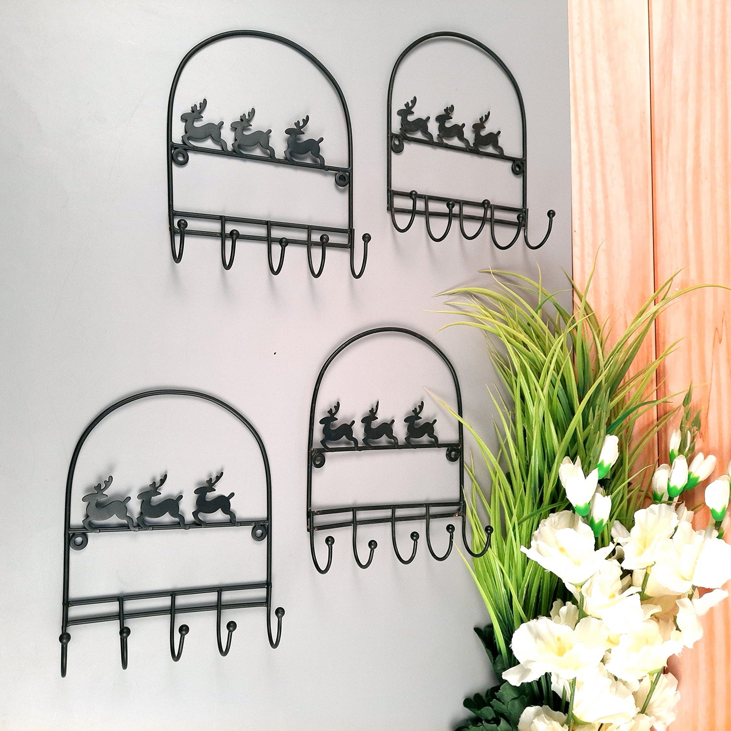 Key Holder Stands | Keys Hook Wall Hangers - Reindeer Design | Keys Organizer - For Home, Entrance, Office Decor & Gifts - 9 Inch (5 Hooks) - Apkamart #Style_Pack of 4