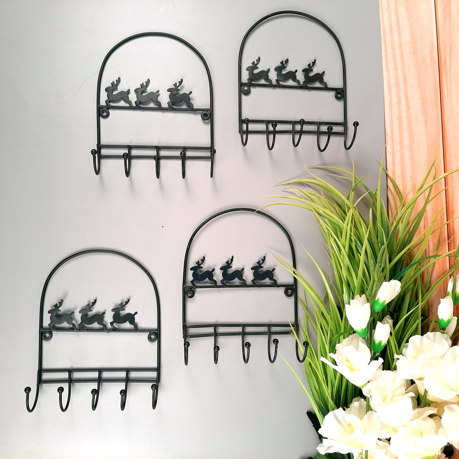 Key Holder Stands | Keys Hook Wall Hangers - Reindeer Design | Keys Organizer - For Home, Entrance, Office Decor & Gifts - 9 Inch (5 Hooks) - Apkamart #Style_Pack of 4