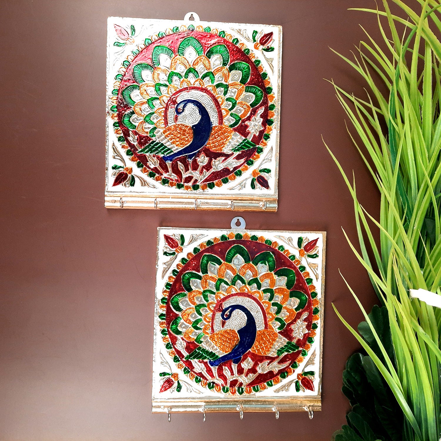 Key Holder Stands | Keys Hook Wall Hangers With Minakari Work| Keys Organizer - For Home, Entrance, Office Decor & Gifts - 5 Inch (4 Hooks) - Apkamart #Style_Pack of 2