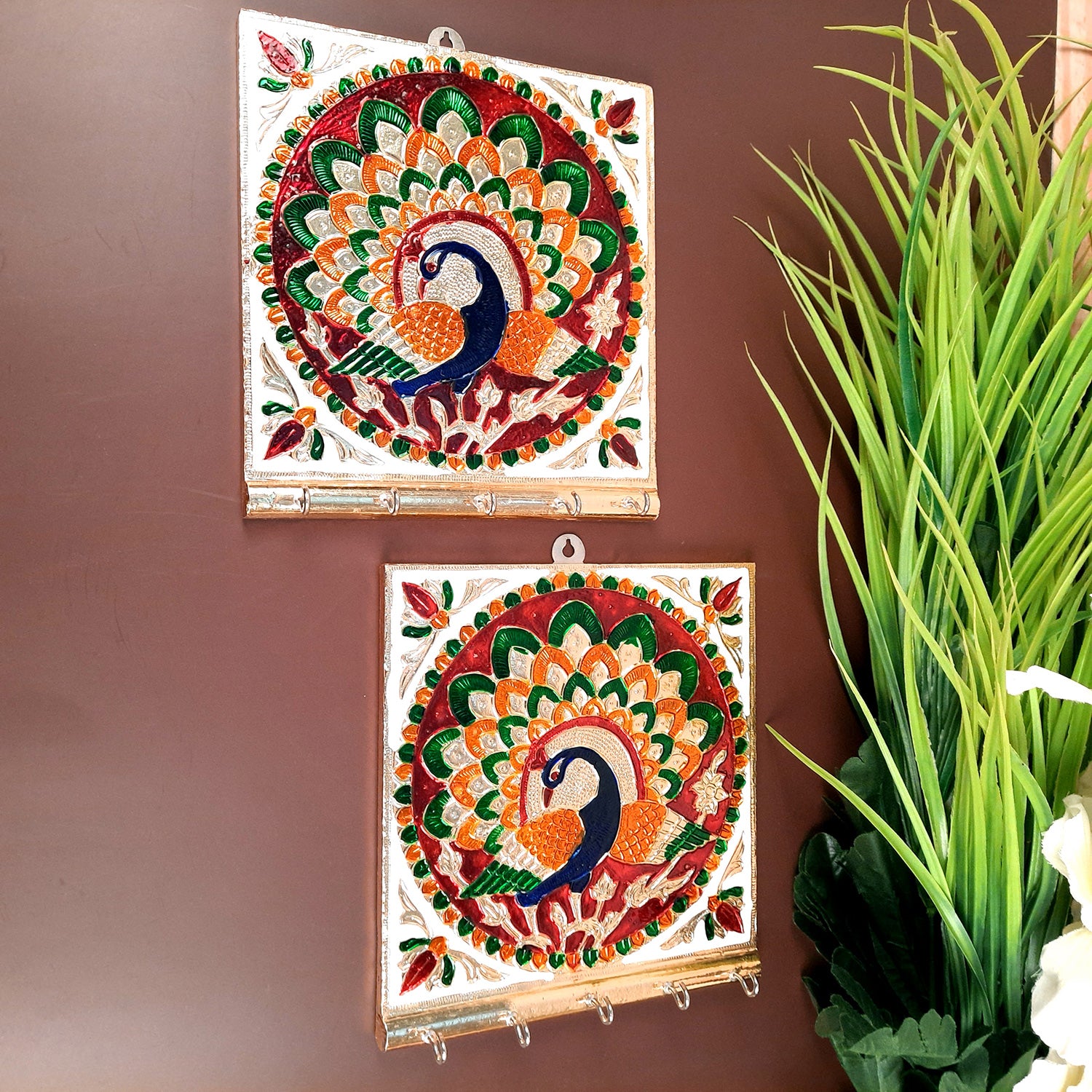 Key Holder Stands | Keys Hook Wall Hangers With Minakari Work| Keys Organizer - For Home, Entrance, Office Decor & Gifts - 5 Inch (4 Hooks) - Apkamart #Style_Pack of 2