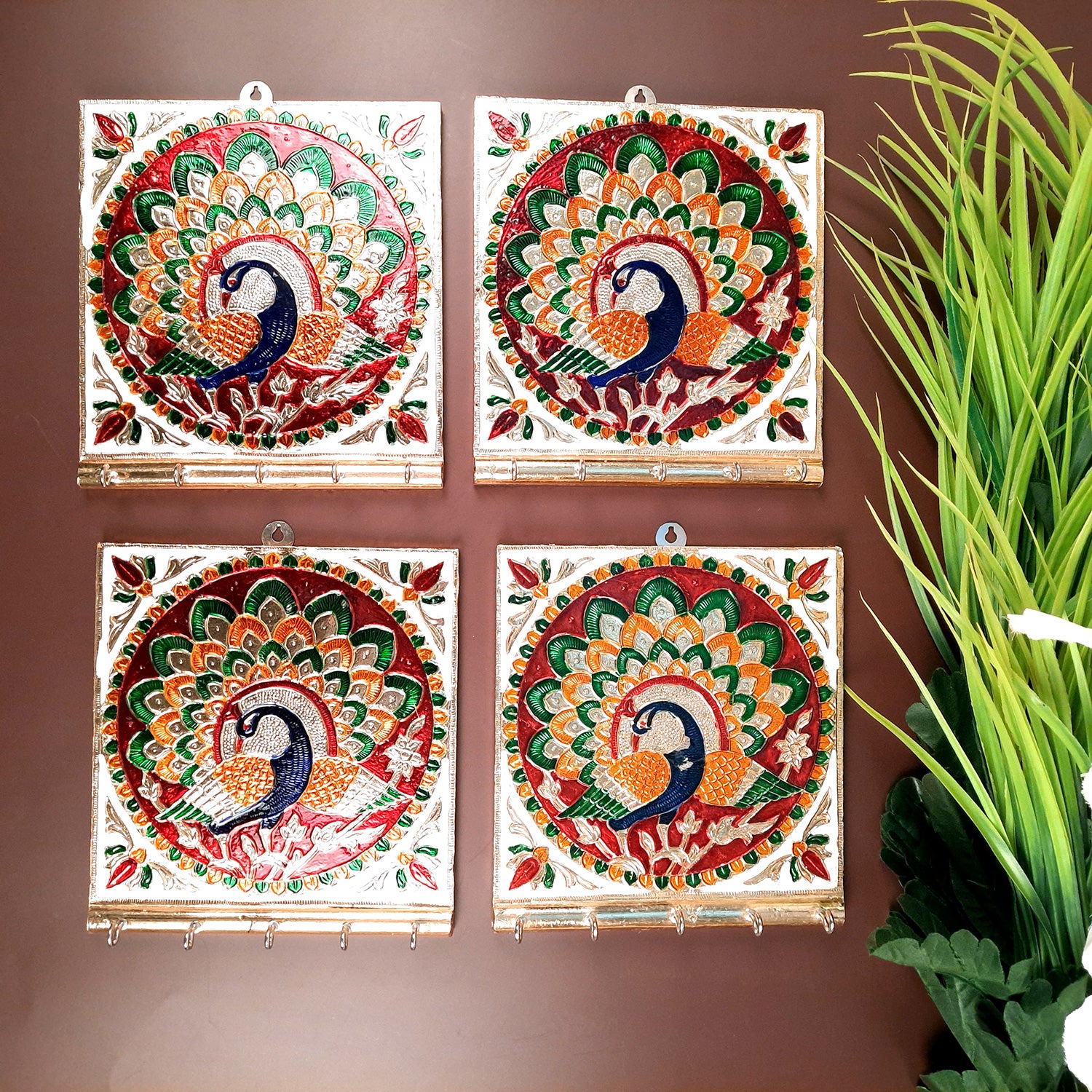 Key Holder Stands | Keys Hook Wall Hangers With Minakari Work| Keys Organizer - For Home, Entrance, Office Decor & Gifts - 5 Inch (4 Hooks) - Apkamart #Style_Pack of 4