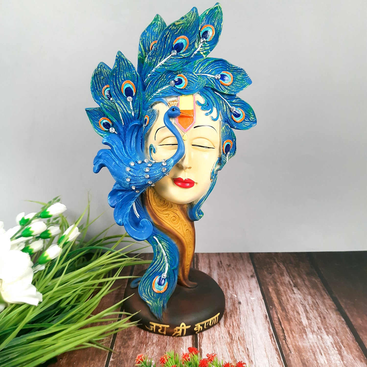 Krishan Idol With Peacock | Lord Krishna Murti | Decorative Krishna Statue Showpiece - for Home, Puja Room, Table Decor, Living room, Office Desk & Gift - 19 Inch -Apkamart