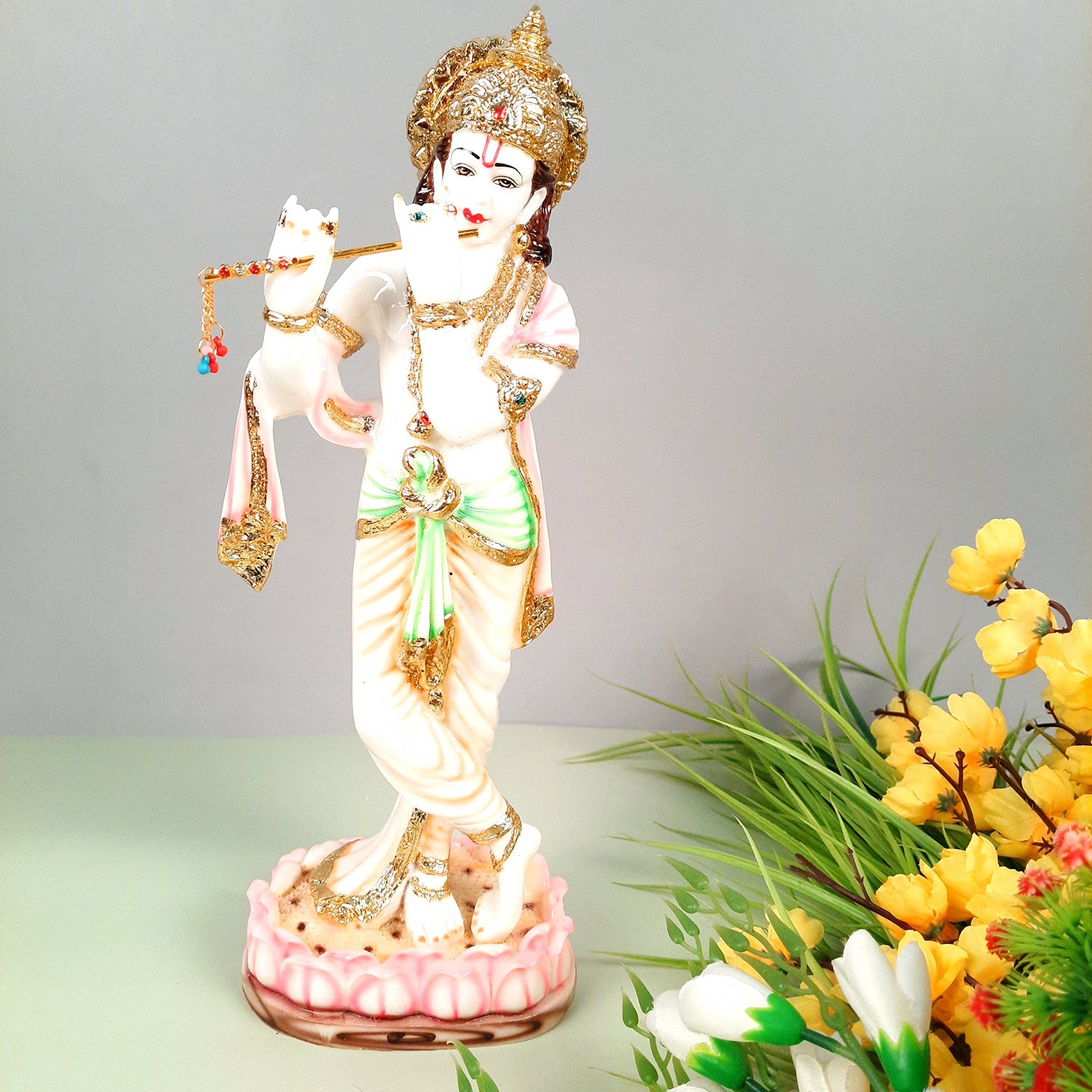 Krishna Idol Statue - Marble Look | Krishna Playing Bansuri Big Murti - for Home Decor, Living Room, Temple, Pooja, Table, Office & Gifts - 16 Inch - apkamart