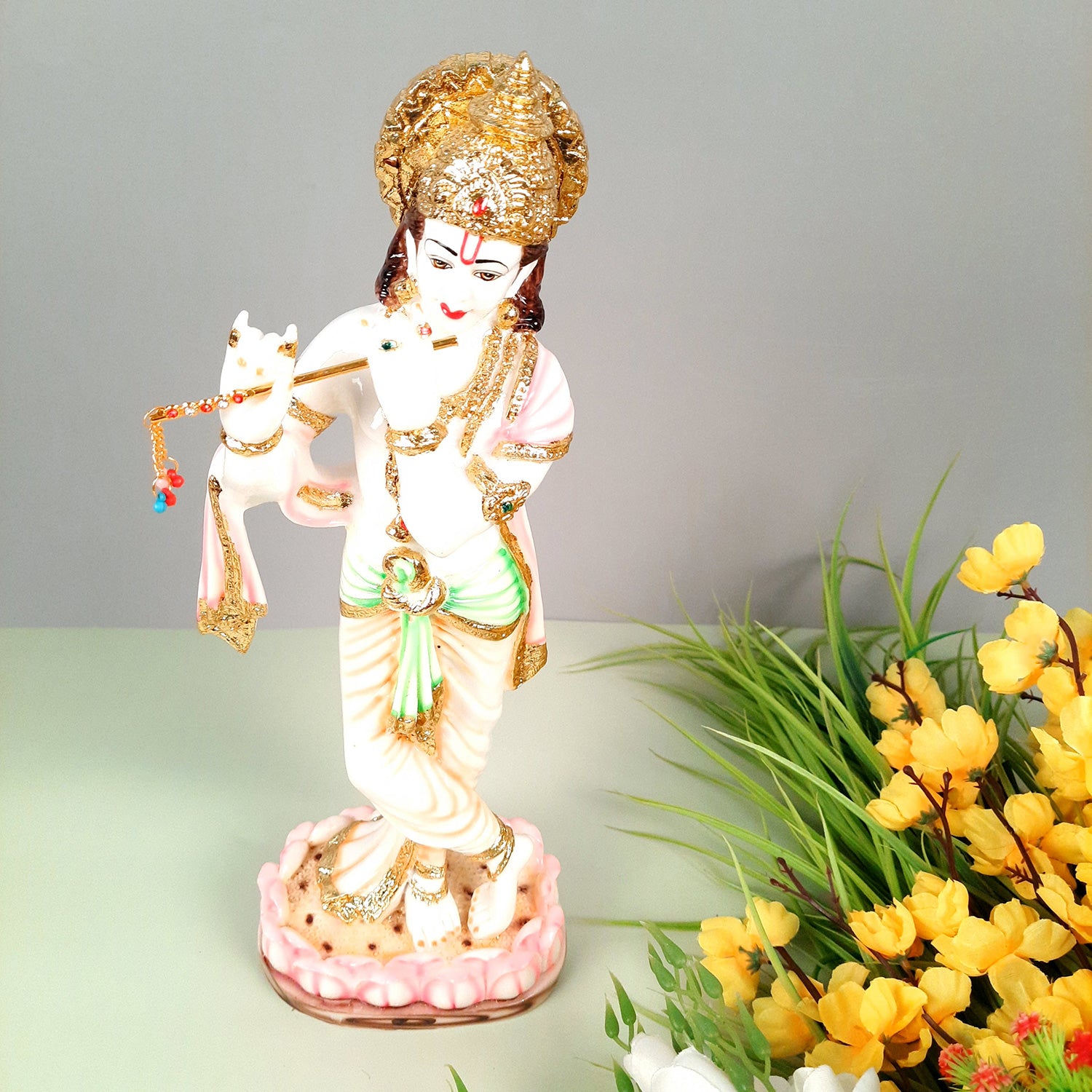 Krishna Idol Statue - Marble Look | Krishna Playing Bansuri Big Murti - for Home Decor, Living Room, Temple, Pooja, Table, Office & Gifts - 16 Inch - apkamart