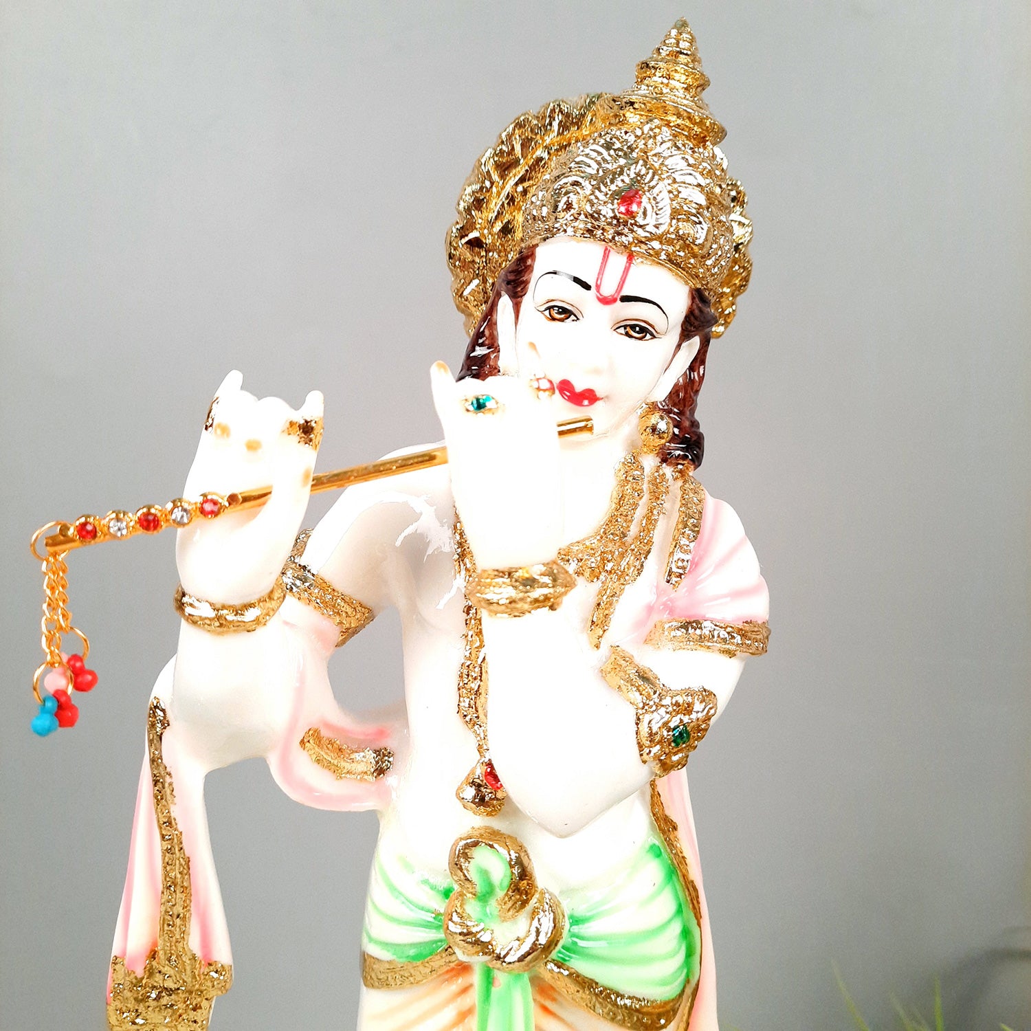 Krishna Idol Statue - Marble Look | Krishna Playing Bansuri Big Murti - for Home Decor, Living Room, Temple, Pooja, Table, Office & Gifts - 16 Inch - apkamart