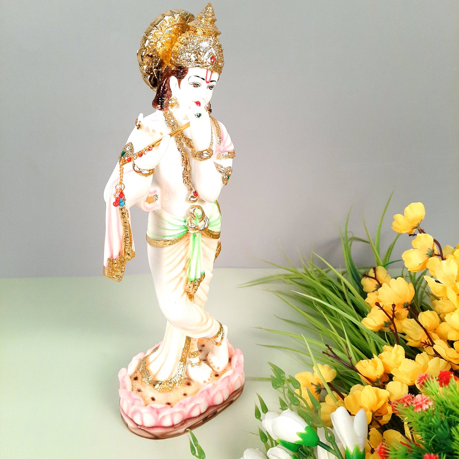 Krishna Idol Statue - Marble Look | Krishna Playing Bansuri Big Murti - for Home Decor, Living Room, Temple, Pooja, Table, Office & Gifts - 16 Inch - apkamart