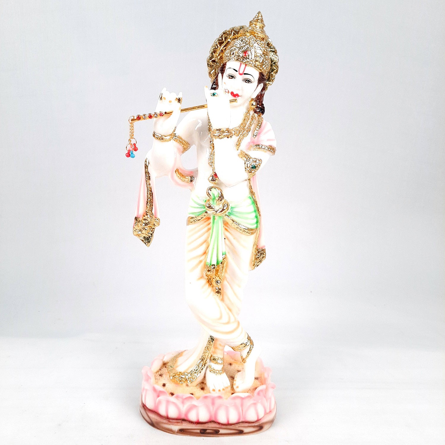 Krishna Idol Statue - Marble Look | Krishna Playing Bansuri Big Murti - for Home Decor, Living Room, Temple, Pooja, Table, Office & Gifts - 16 Inch - apkamart