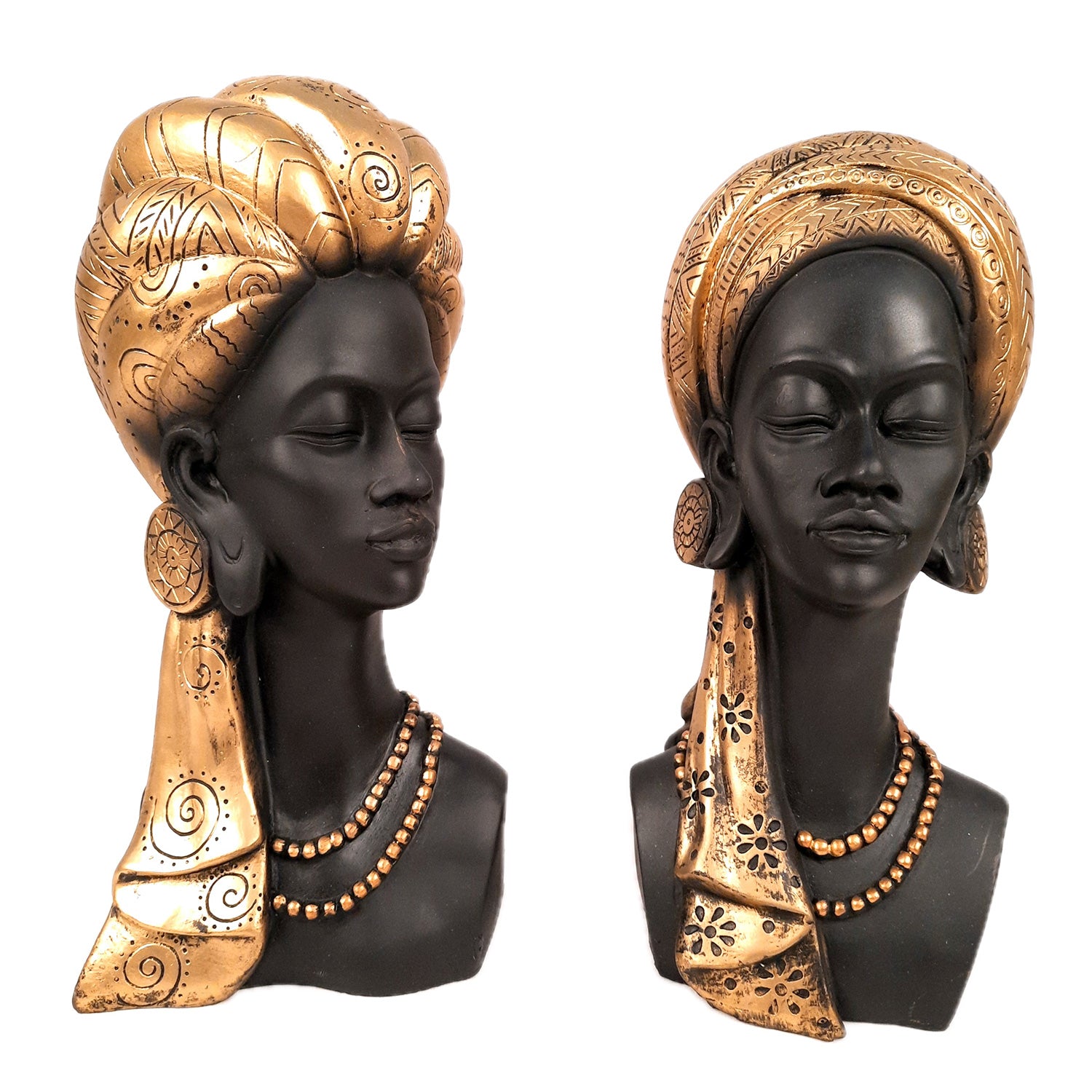 African Lady Statue Showpiece | Tribal Woman Bust Sculpture Figurine - for Home, Living Room, Shelf, Table, Desk Decor & Gifts - 12 Inch - apkamart #Color_Golden