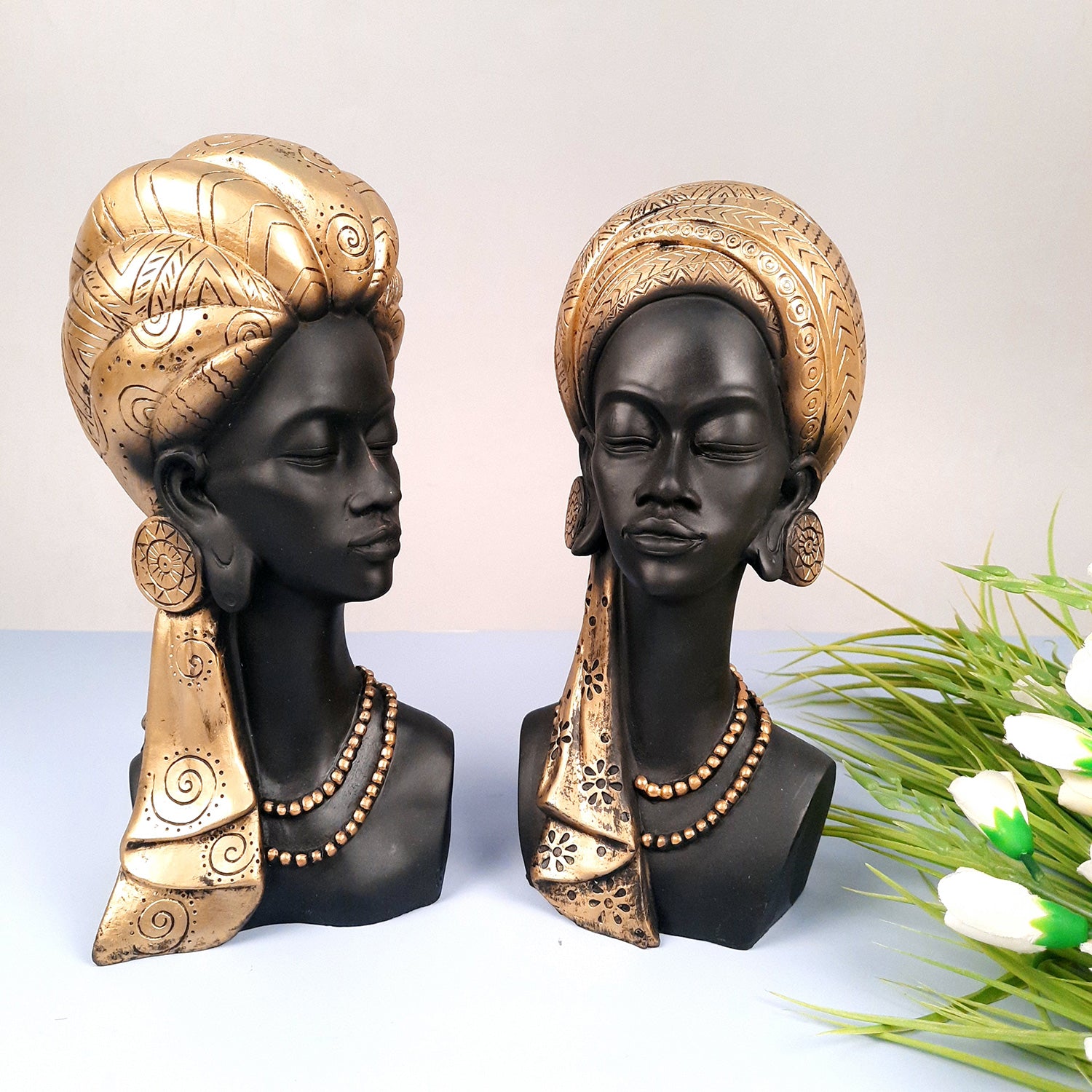 African Lady Statue Showpiece | Tribal Woman Bust Sculpture Figurine - for Home, Living Room, Shelf, Table, Desk Decor & Gifts - 12 Inch - apkamart #Color_Golden