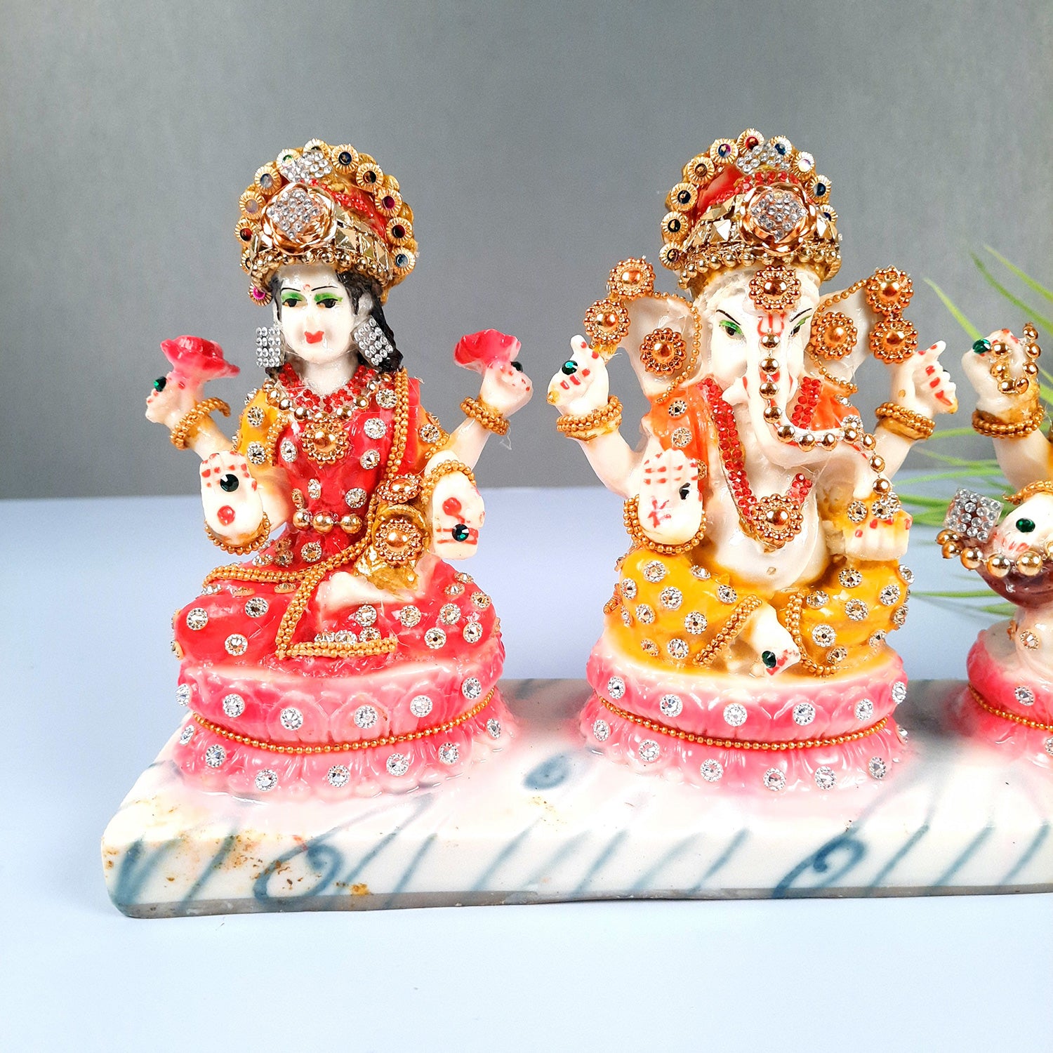 Laxmi Ganesh & Saraswati Statue Idol Murti - Marbal Look With Intricate Beads Work - for Diwali Puja, Home, Living Room, Office Desk Decor & Gifts - (11Lx6H) Inch - Apkamart