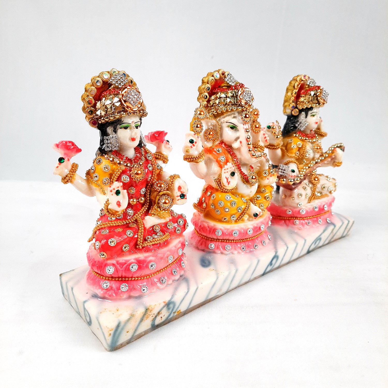 Laxmi Ganesh & Saraswati Statue Idol Murti - Marbal Look With Intricate Beads Work - for Diwali Puja, Home, Living Room, Office Desk Decor & Gifts - (11Lx6H) Inch - Apkamart