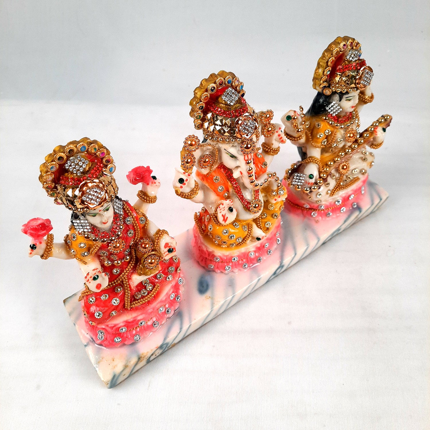 Laxmi Ganesh & Saraswati Statue Idol Murti - Marbal Look With Intricate Beads Work - for Diwali Puja, Home, Living Room, Office Desk Decor & Gifts - (11Lx6H) Inch - Apkamart