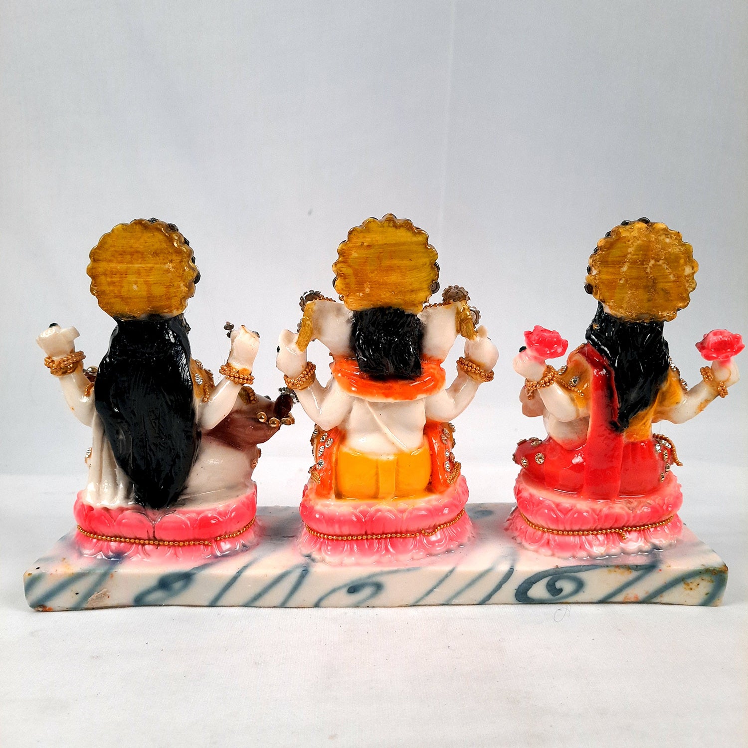 Laxmi Ganesh & Saraswati Statue Idol Murti - Marbal Look With Intricate Beads Work - for Diwali Puja, Home, Living Room, Office Desk Decor & Gifts - (11Lx6H) Inch - Apkamart