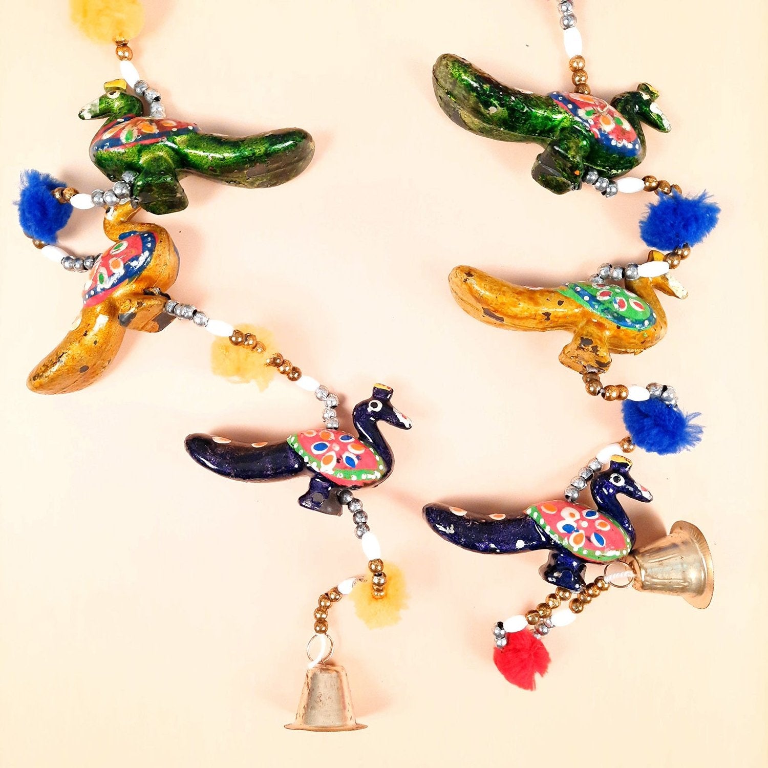 Latkan Toran Wall Hanging | Traditional Hangings with Bells - 5 Camel Design - for Main Door, Entrance, Living Room, Home & Diwali Decoration - 32 Inch - apkamart #style_Peacock