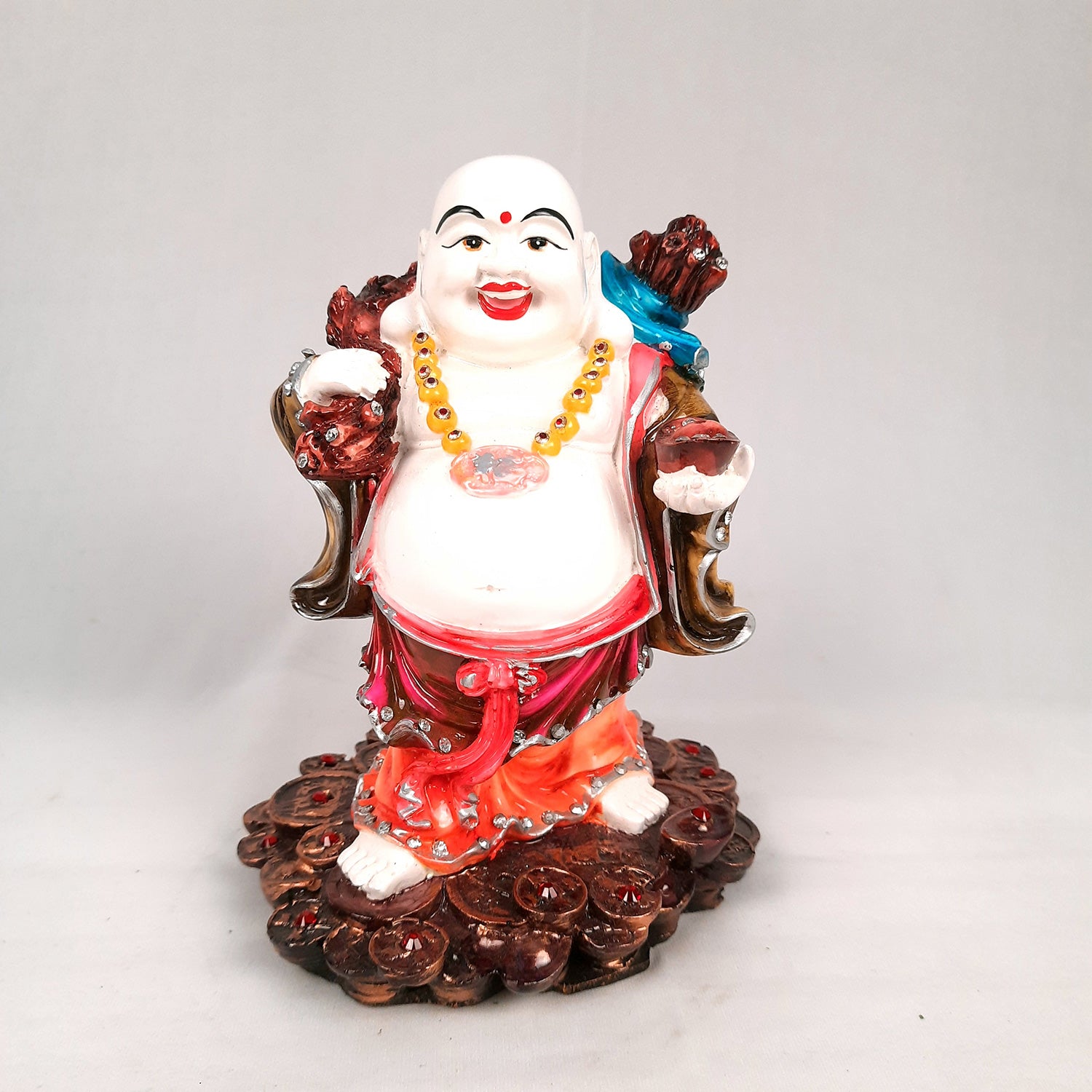 Laughing Buddha Showpiece With Money Bag - Standing On Coins Designs | Happy Man Fen Shui Statue For Money, Wealth & Prosperity - For Vastu, Home, Table & Office Decor & Gift - 9 Inch - Apkamart