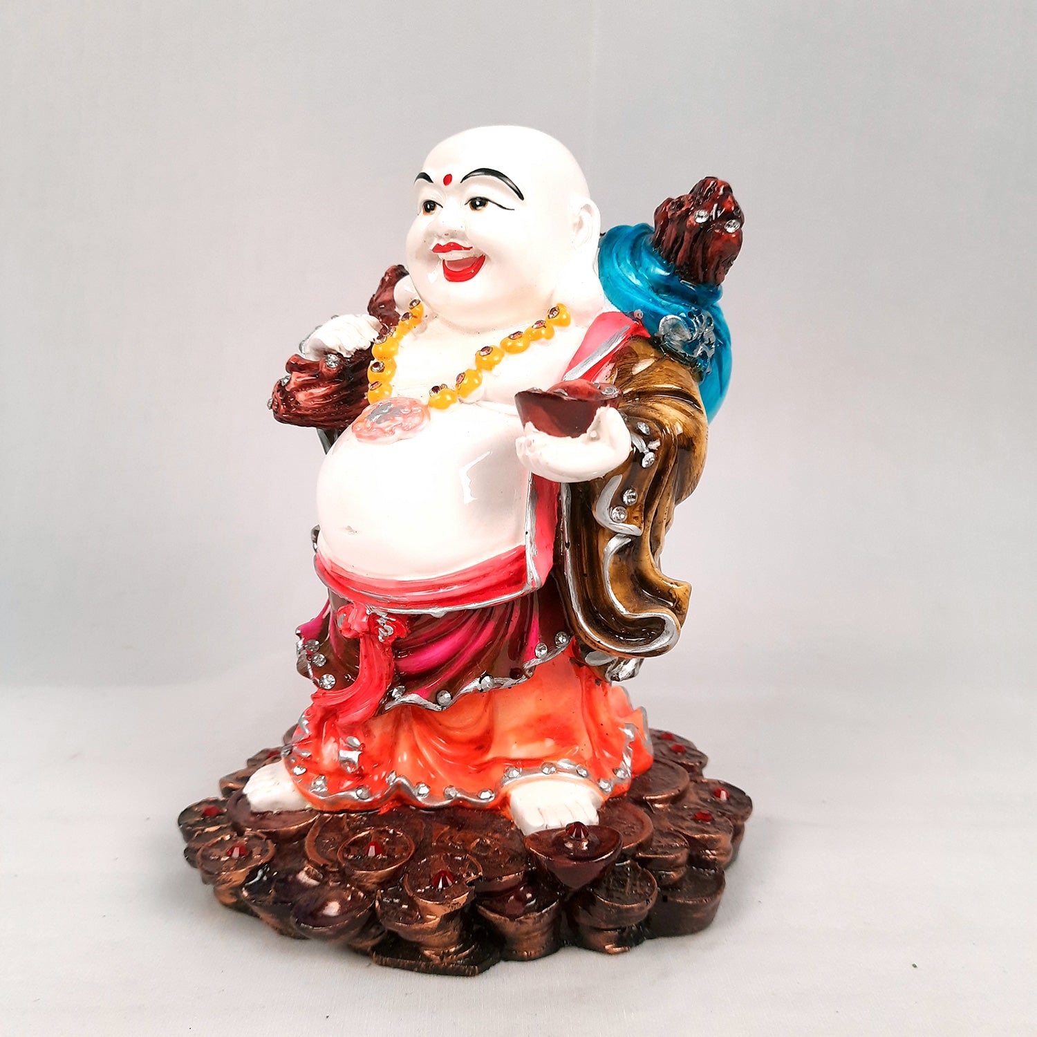 Laughing Buddha Showpiece With Money Bag - Standing On Coins Designs | Happy Man Fen Shui Statue For Money, Wealth & Prosperity - For Vastu, Home, Table & Office Decor & Gift - 9 Inch - Apkamart