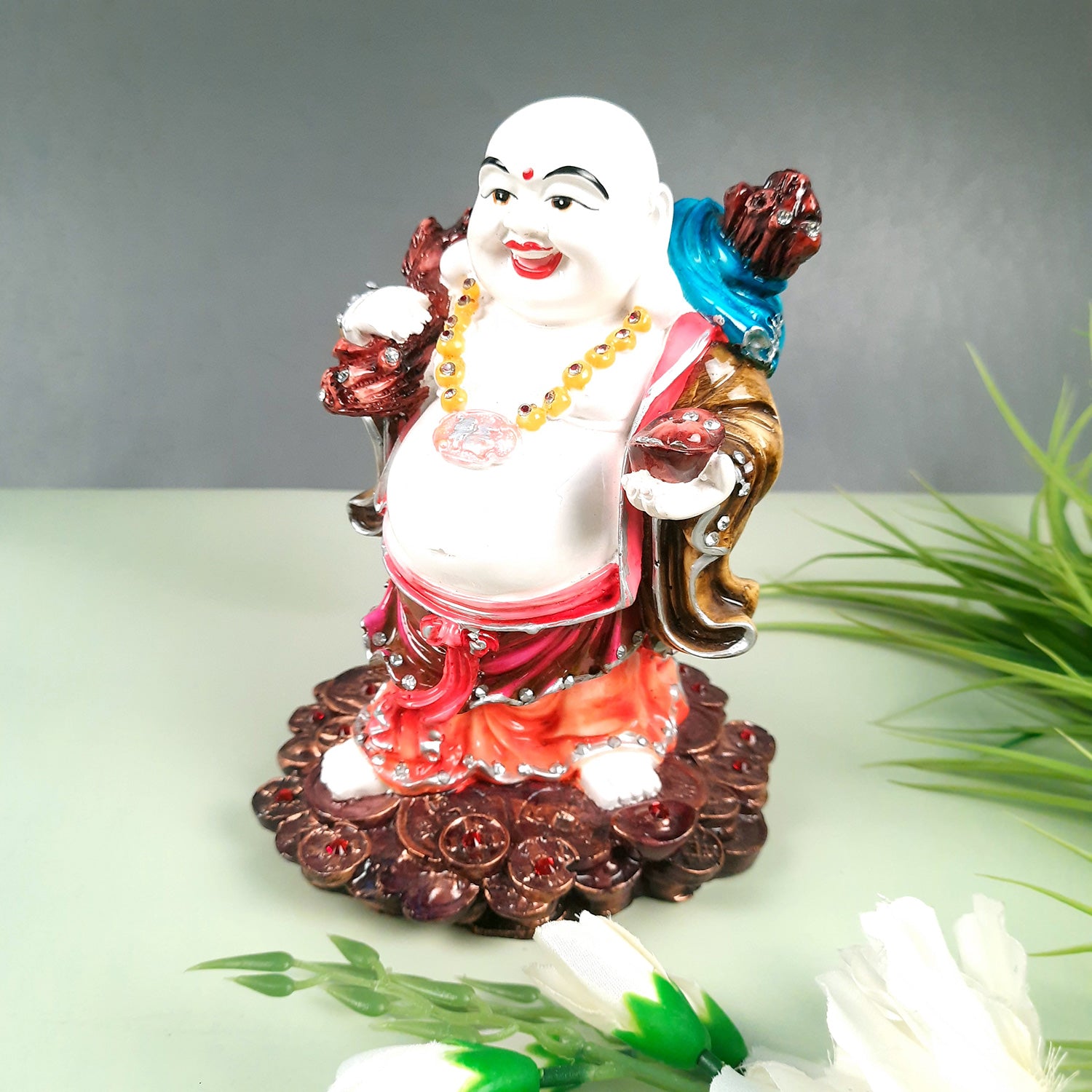 Laughing Buddha Showpiece With Money Bag - Standing On Coins Designs | Happy Man Fen Shui Statue For Money, Wealth & Prosperity - For Vastu, Home, Table & Office Decor & Gift - 9 Inch - Apkamart