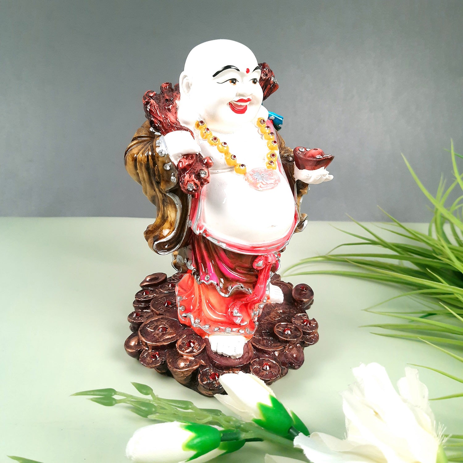Laughing Buddha Showpiece With Money Bag - Standing On Coins Designs | Happy Man Fen Shui Statue For Money, Wealth & Prosperity - For Vastu, Home, Table & Office Decor & Gift - 9 Inch - Apkamart