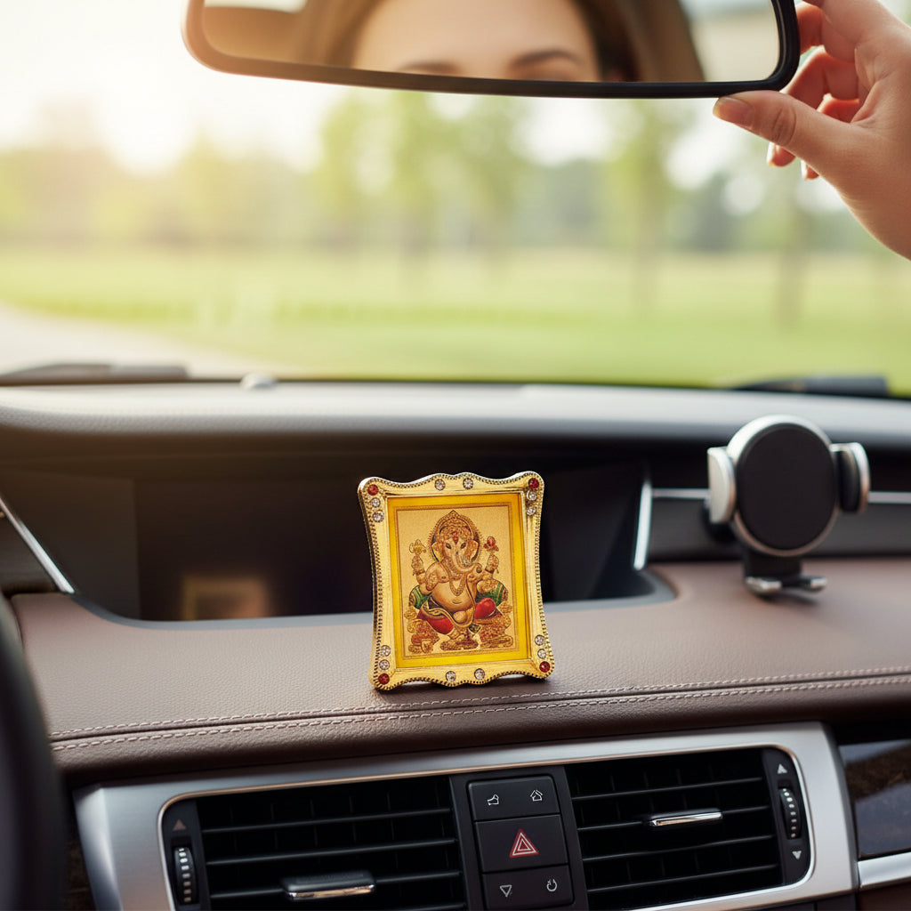 Ganesh Ji Car Dashboard Frame | Lord Ganesh Mini Photo Frame for Car Dashboard | Self Adhesive Religious Car Decor & Travel Accessory - 3 Inch - Apkamart