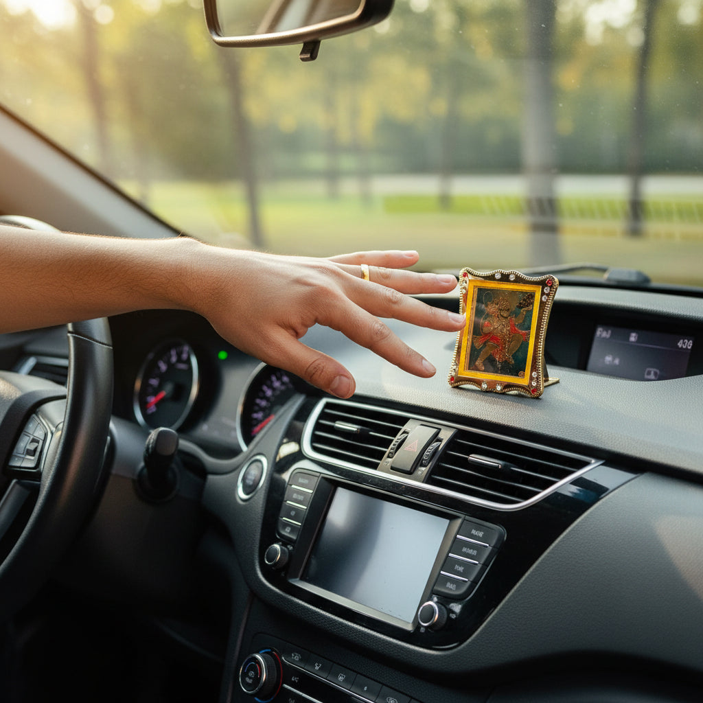 Hanuman Ji Car Dashboard Frame | Lord Hanuman Mini Photo Frame for Car Dashboard | Self Adhesive Religious Car Decor for Travel Protection - 3 Inch - Apkamart