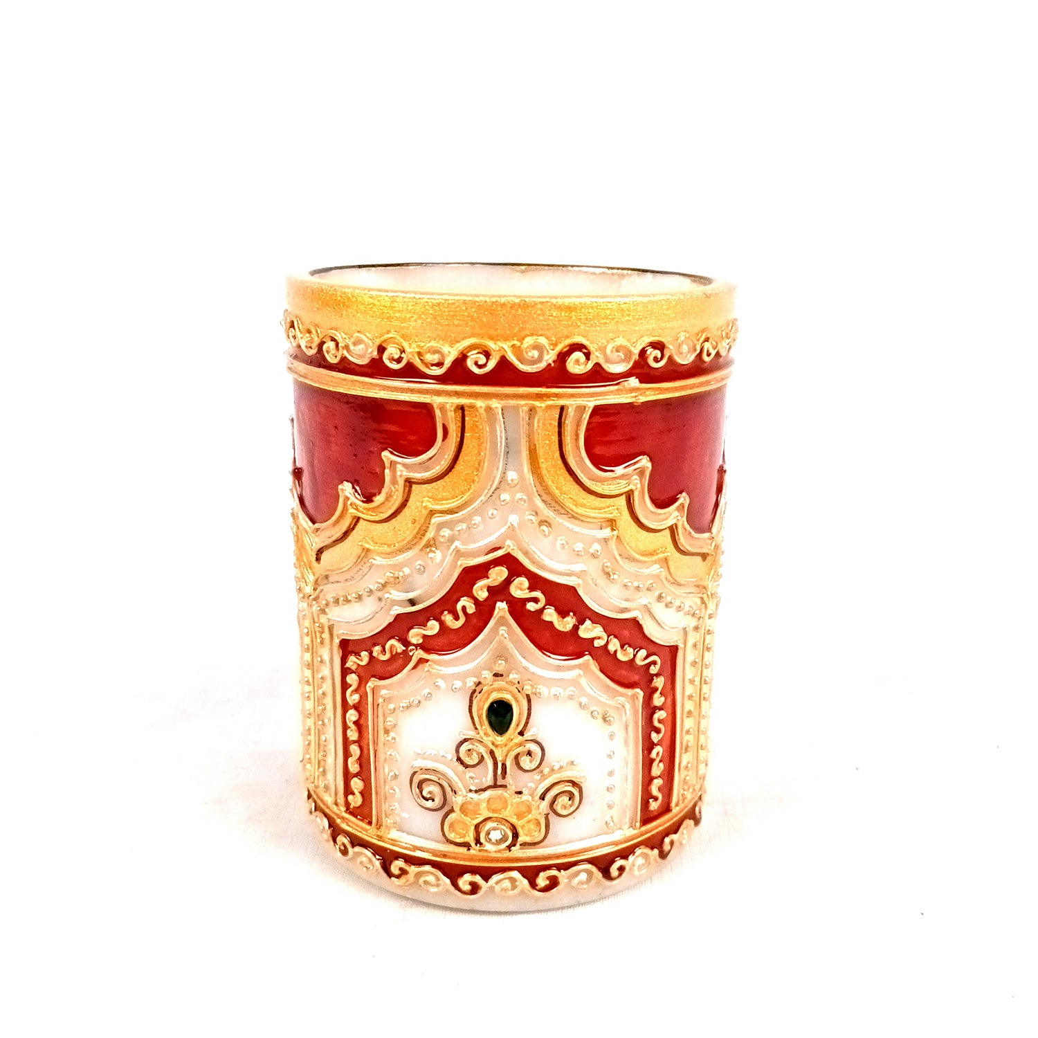 Multipurpose Holder For Pen, Cutlery, Napkin | Marble Decorative Stand With Golden Emboss & Kundan Work - For Home, office, Table, Dining, Kitchen Decor & Gifts - 4 Inch - Apkamrt #Style_Design 1