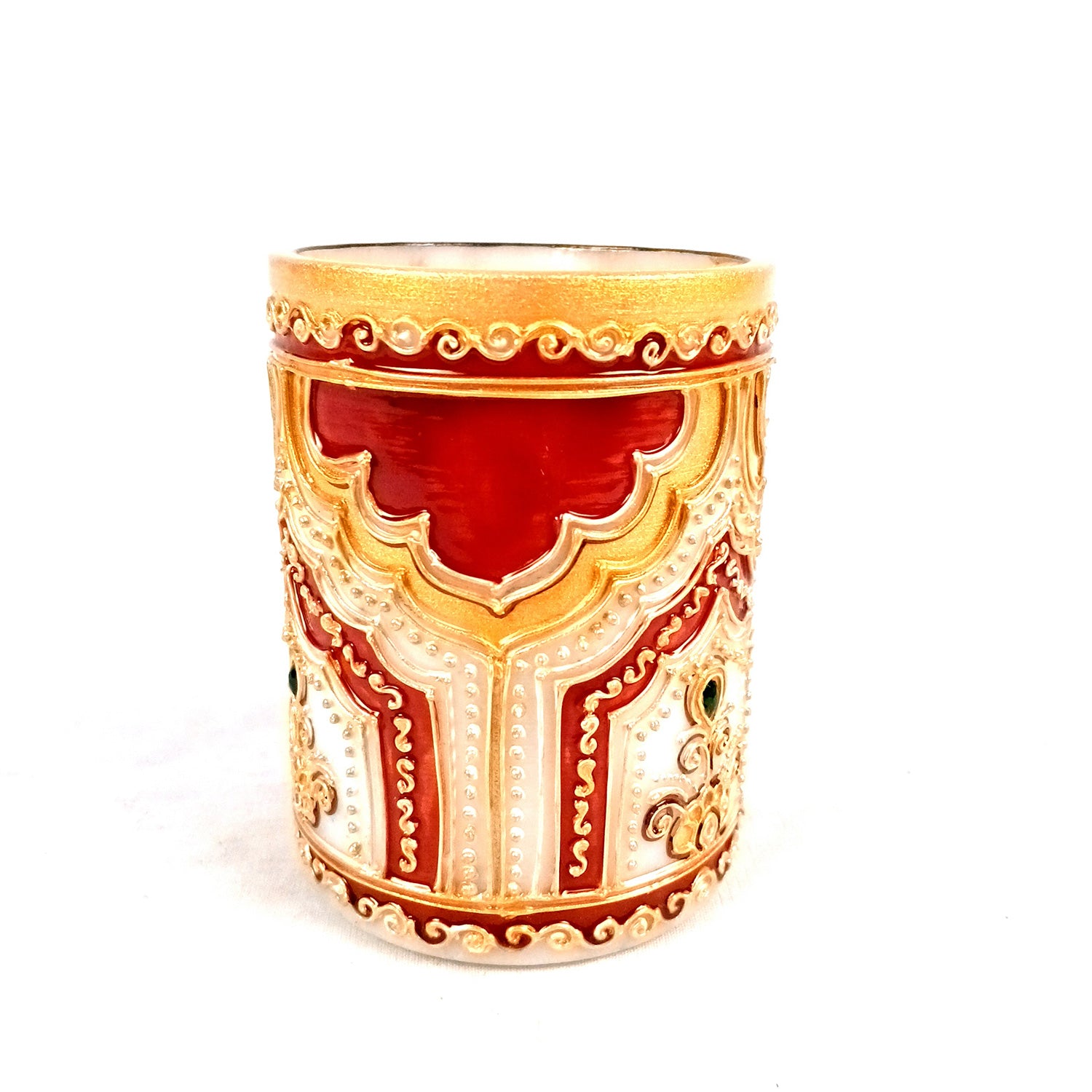 Multipurpose Holder For Pen, Cutlery, Napkin | Marble Decorative Stand With Golden Emboss & Kundan Work - For Home, office, Table, Dining, Kitchen Decor & Gifts - 4 Inch - Apkamrt #Style_Design 1