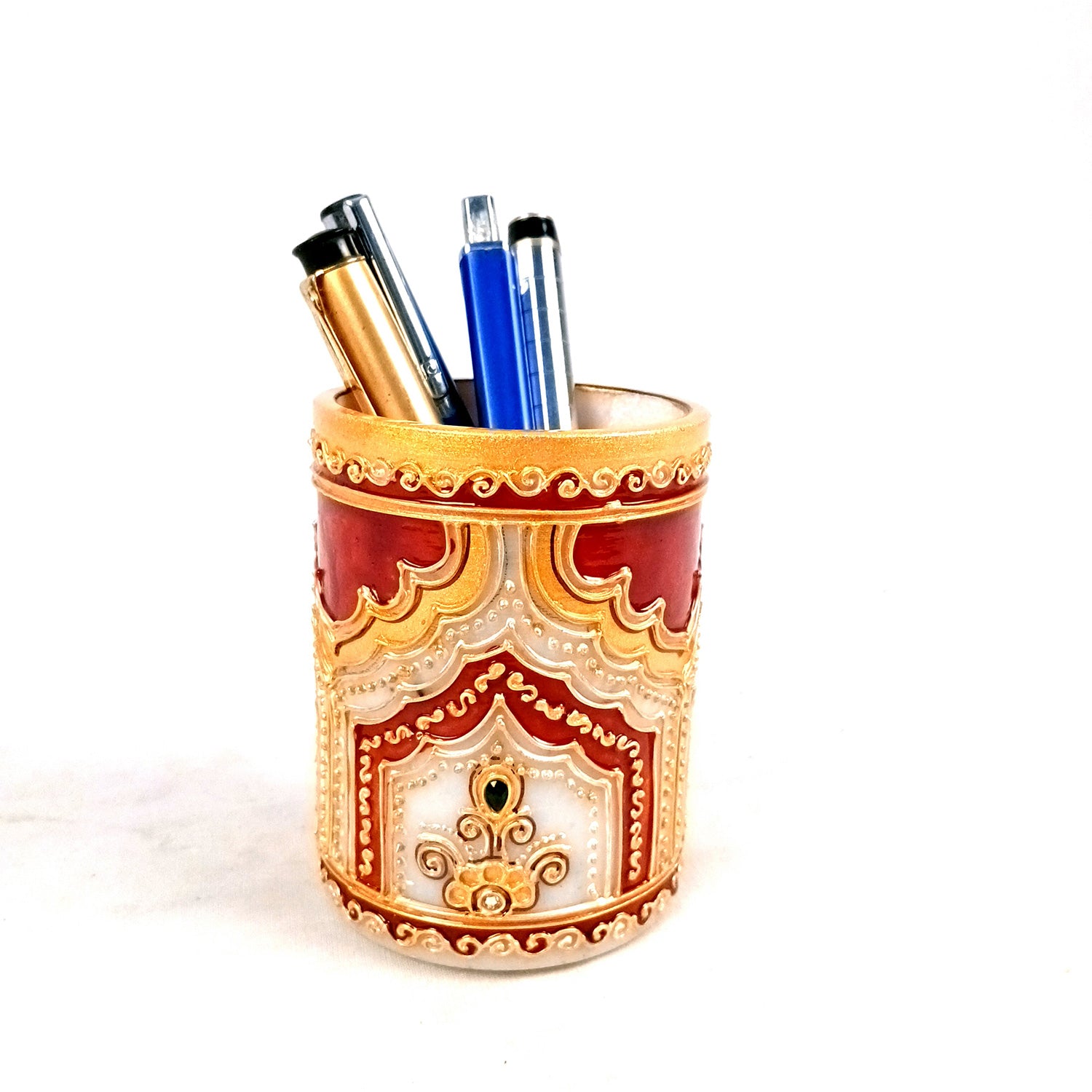 Multipurpose Holder For Pen, Cutlery, Napkin | Marble Decorative Stand With Golden Emboss & Kundan Work - For Home, office, Table, Dining, Kitchen Decor & Gifts - 4 Inch - Apkamrt #Style_Design 1