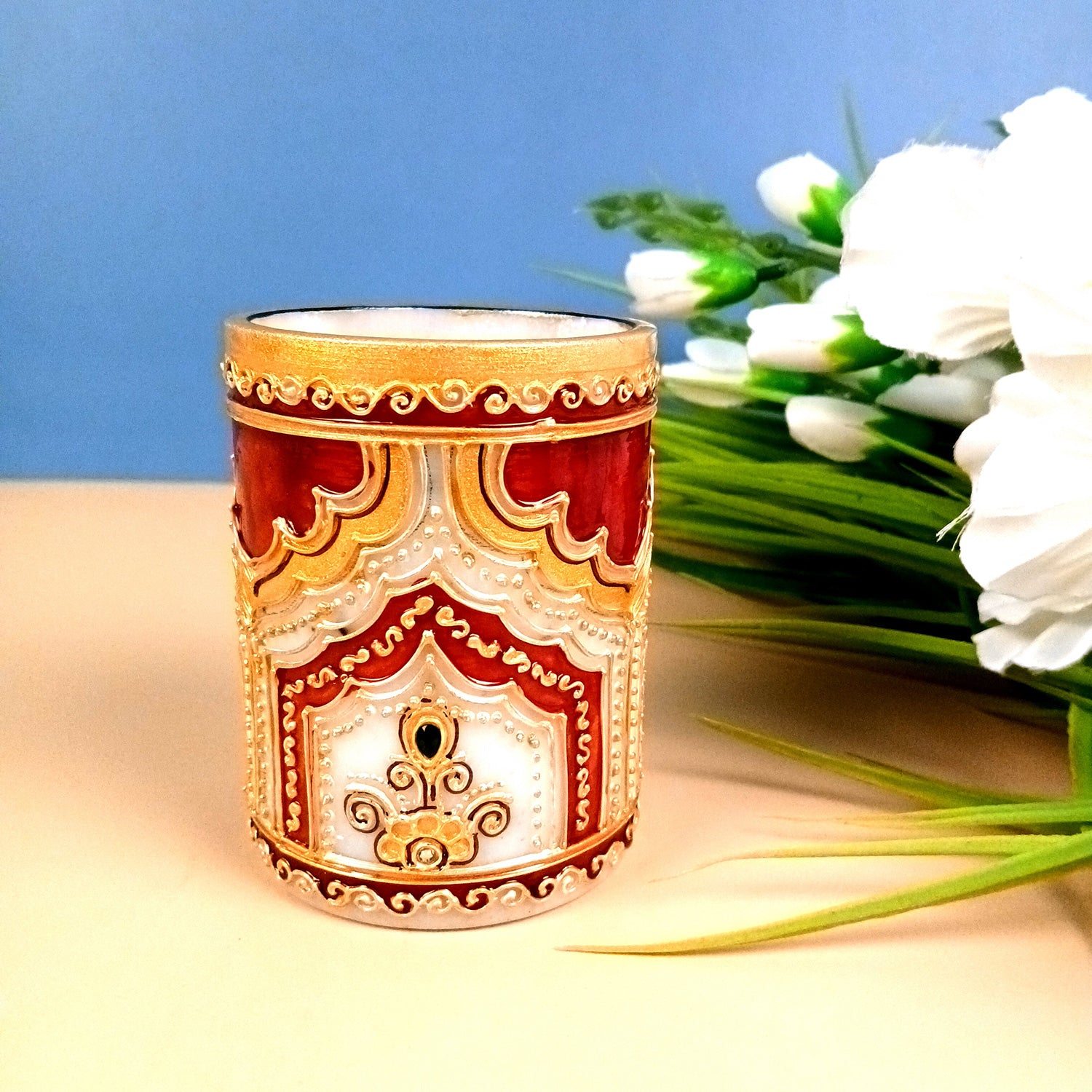Multipurpose Holder For Pen, Cutlery, Napkin | Marble Decorative Stand With Golden Emboss & Kundan Work - For Home, office, Table, Dining, Kitchen Decor & Gifts - 4 Inch - Apkamrt #Style_Design 1