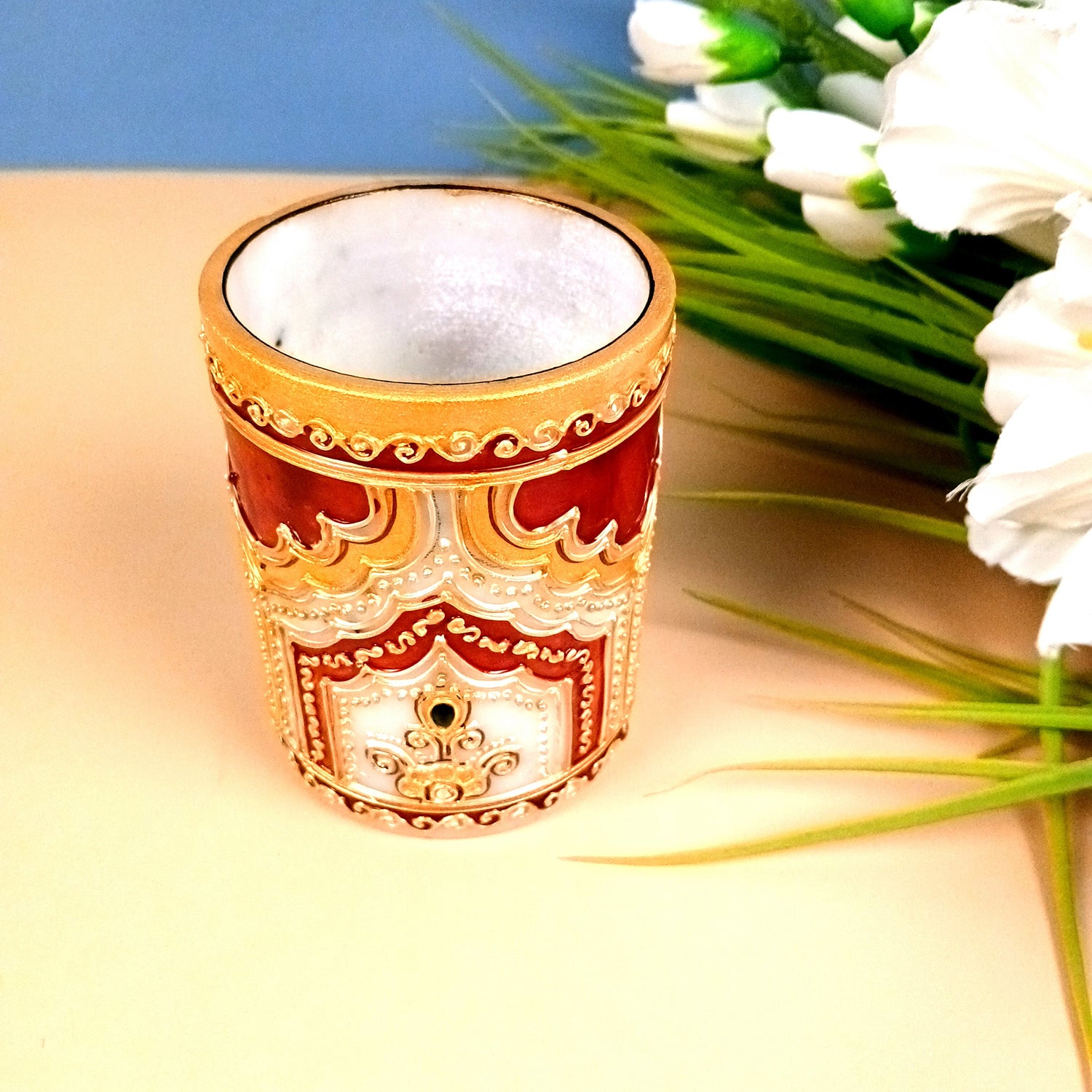 Multipurpose Holder For Pen, Cutlery, Napkin | Marble Decorative Stand With Golden Emboss & Kundan Work - For Home, office, Table, Dining, Kitchen Decor & Gifts - 4 Inch - Apkamrt #Style_Design 1
