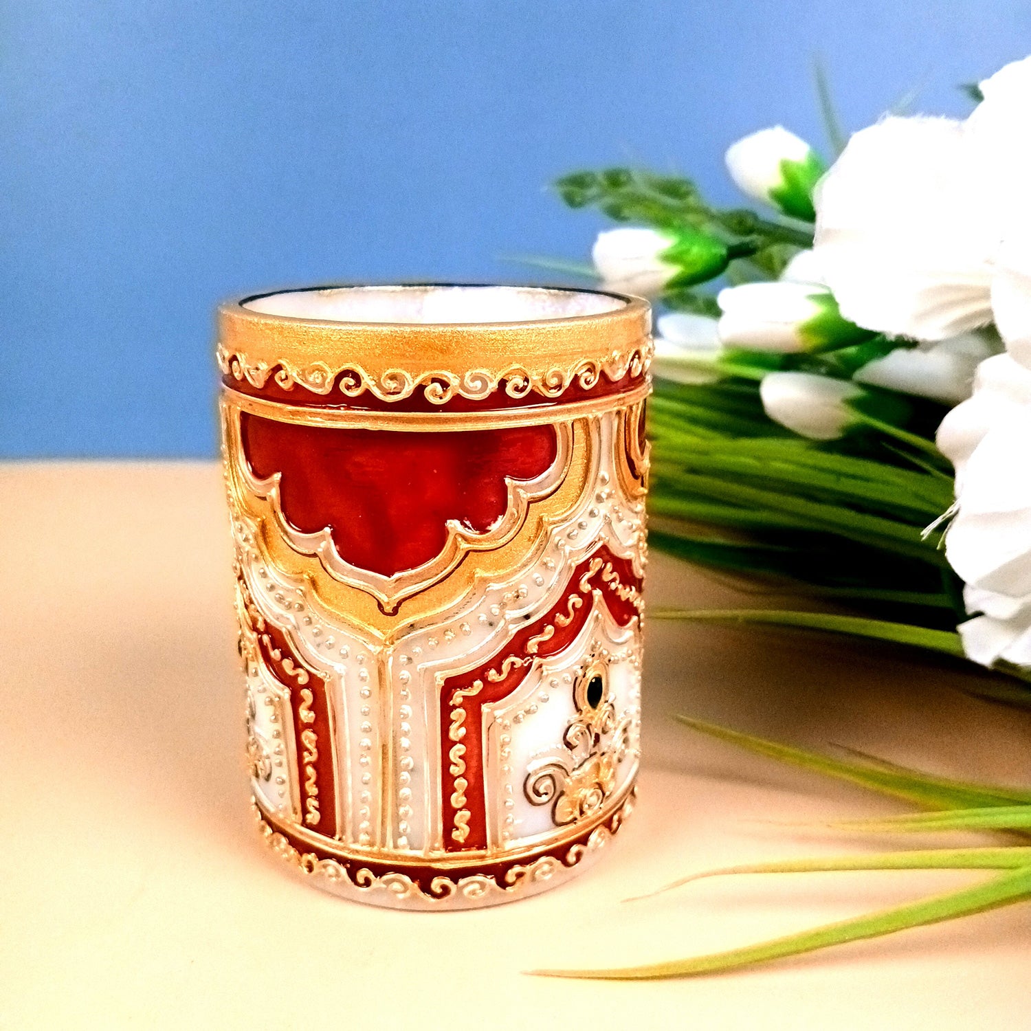 Multipurpose Holder For Pen, Cutlery, Napkin | Marble Decorative Stand With Golden Emboss & Kundan Work - For Home, office, Table, Dining, Kitchen Decor & Gifts - 4 Inch - Apkamrt #Style_Design 1