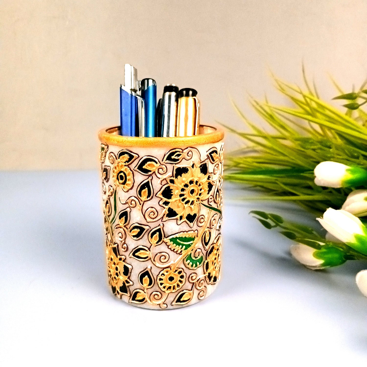 Multipurpose Holder For Pen, Cutlery, Napkin | Marble Decorative Stand With Meticulous Golden Emboss Work - For Home, office, Table, Dining, Kitchen Decor & Gifts - 4 Inch - Apkamart #Color_Black