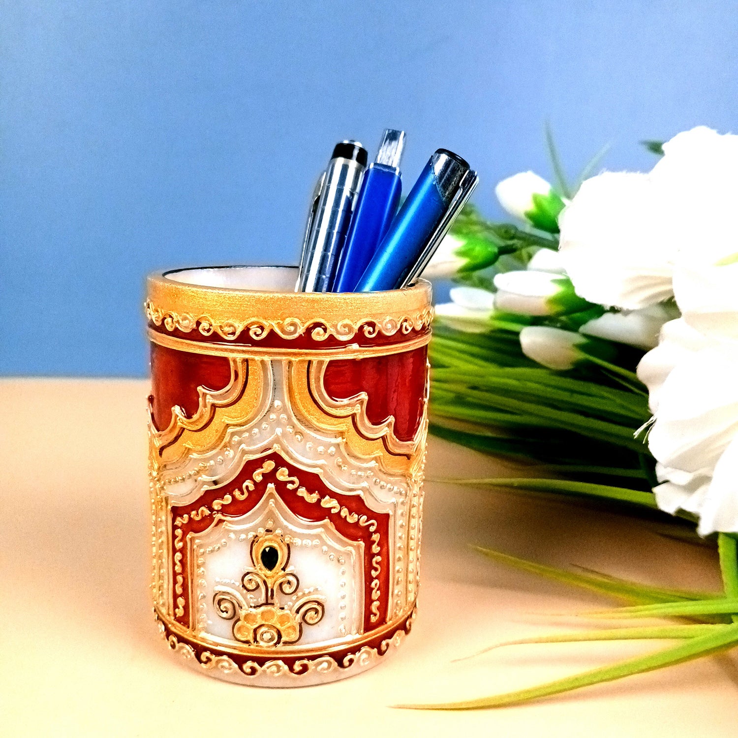 Multipurpose Holder For Pen, Cutlery, Napkin | Marble Decorative Stand With Golden Emboss & Kundan Work - For Home, office, Table, Dining, Kitchen Decor & Gifts - 4 Inch - Apkamrt #Style_Design 1