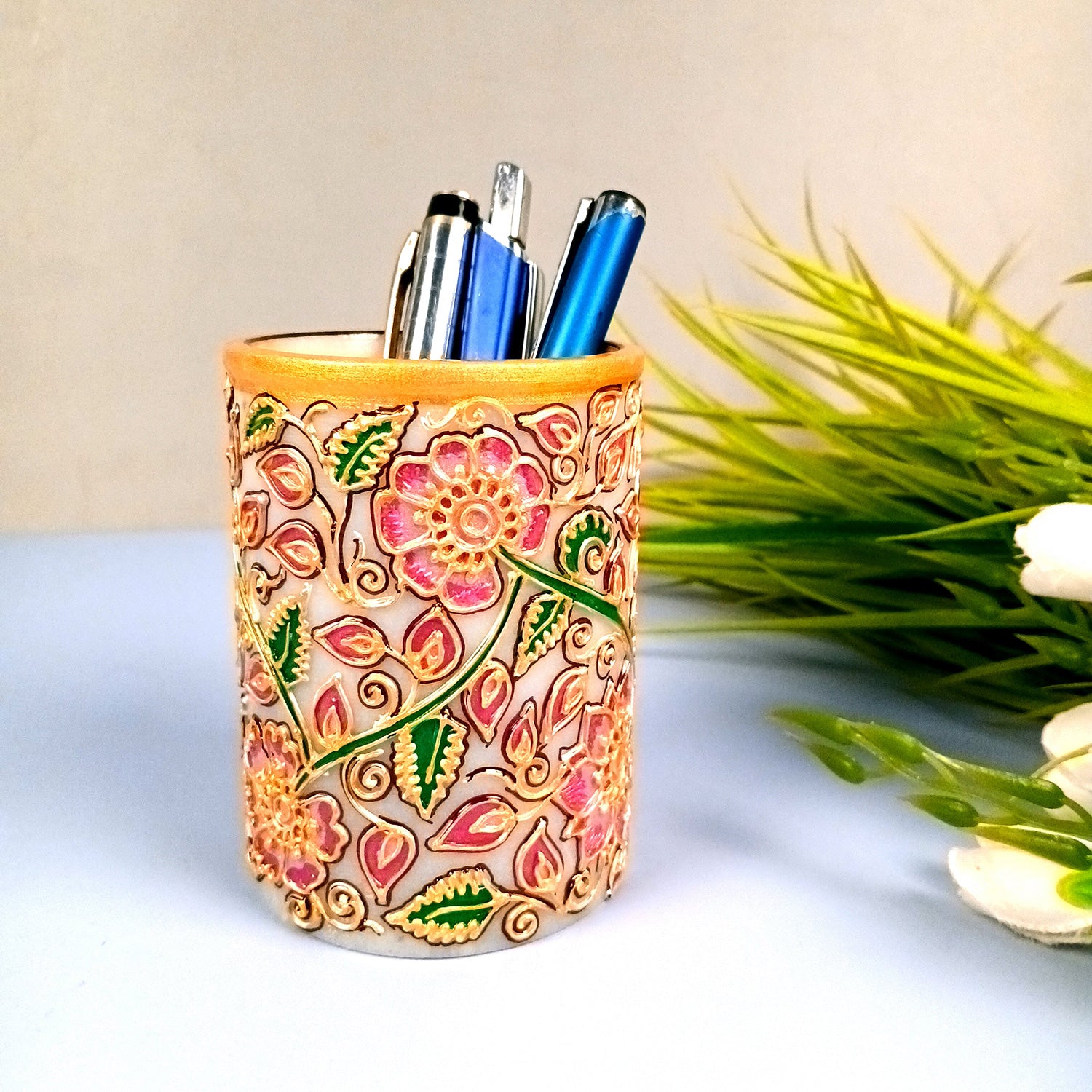Multipurpose Holder For Pen, Cutlery, Napkin | Marble Decorative Stand With Meticulous Golden Emboss Work - For Home, office, Table, Dining, Kitchen Decor & Gifts - 4 Inch - Apkamart #Color_Pink