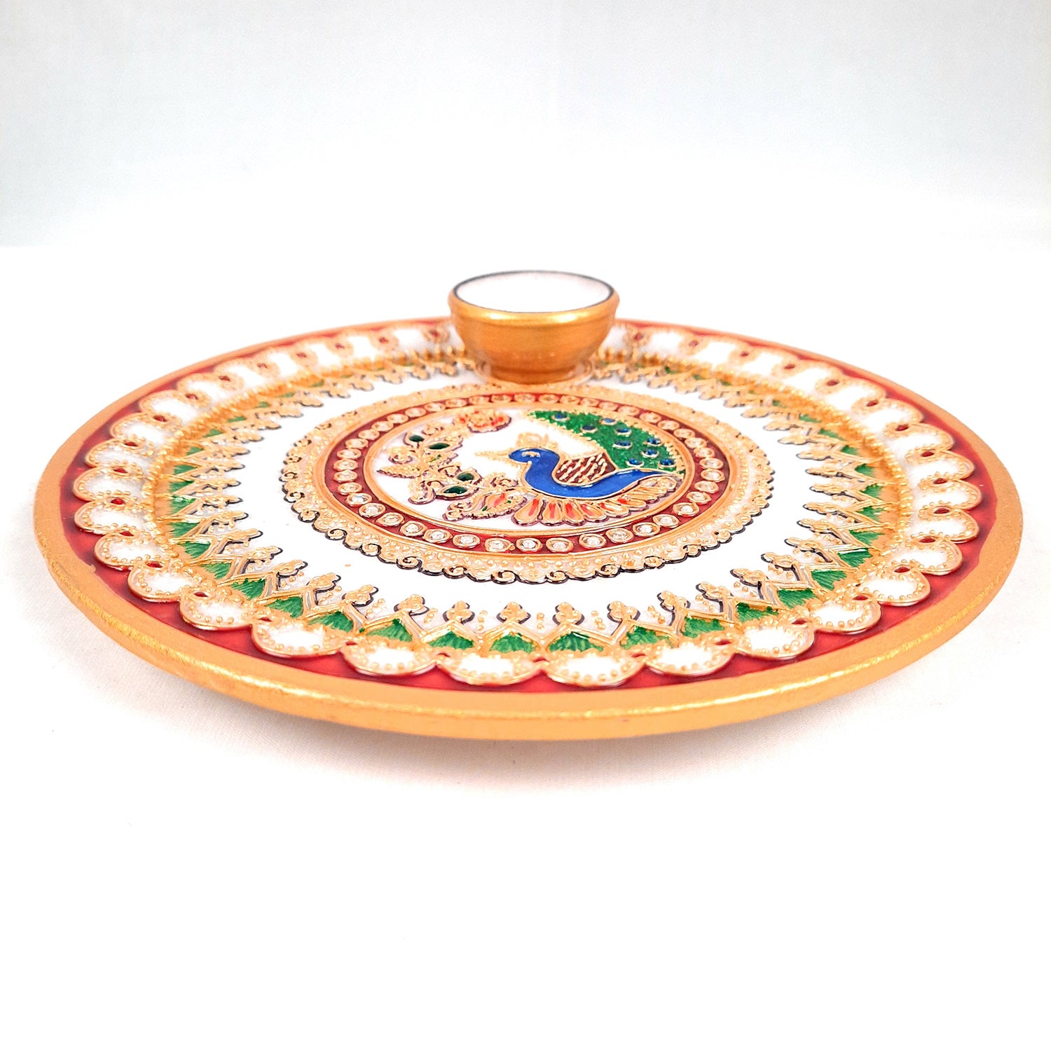 Marble Puja Thali With Diya / Bowl | Aarti Plate With Intricate Detailing & Peacock Design - For Pooja, Weddings, Temple, Rakhi, Karwachauth & Festival Decor - 9 Inch