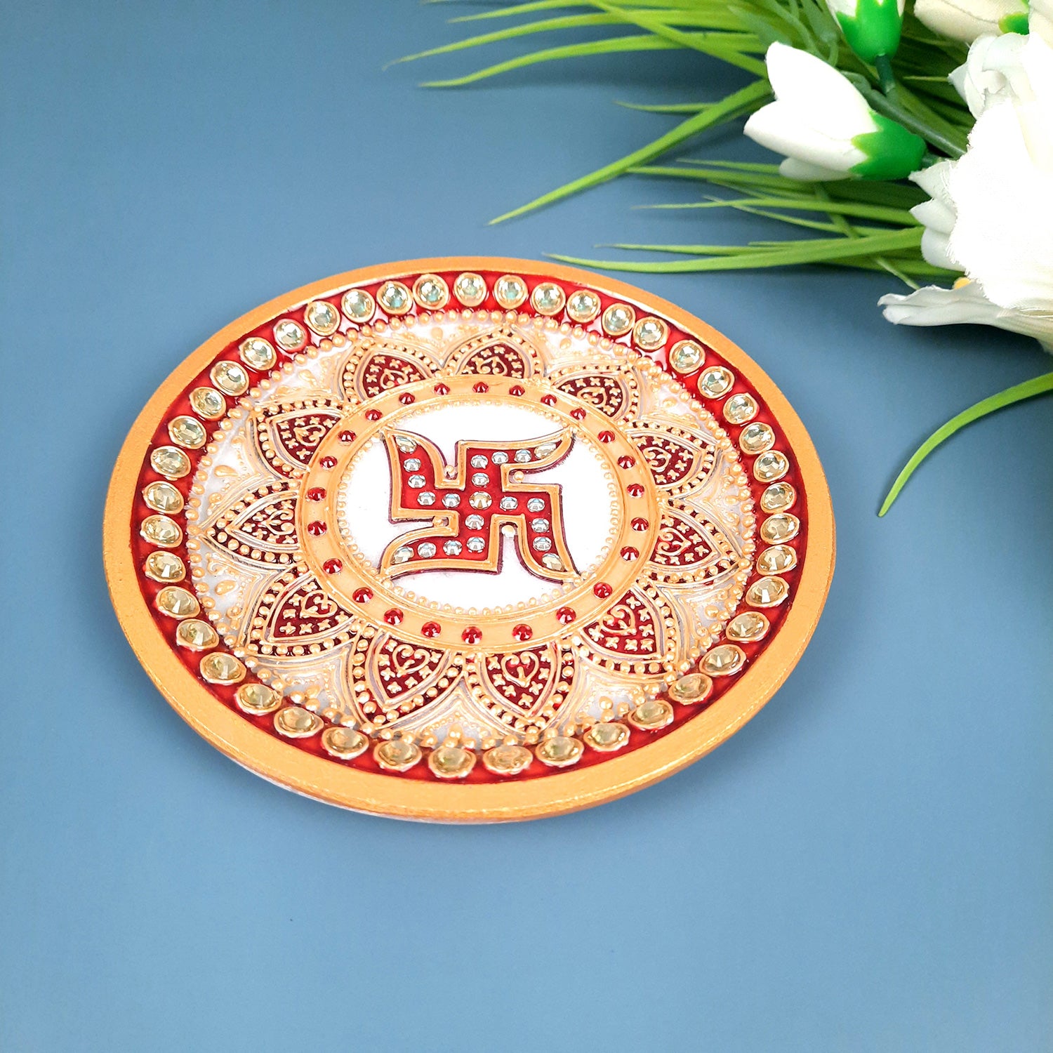 Marble Pooja Plate | Aarti Thali with Intricate Detailing & Swastik Design - for Pooja, Weddings, Temple, Rakhi, Karwachauth & Festival Decor - 6 Inch - apkamart