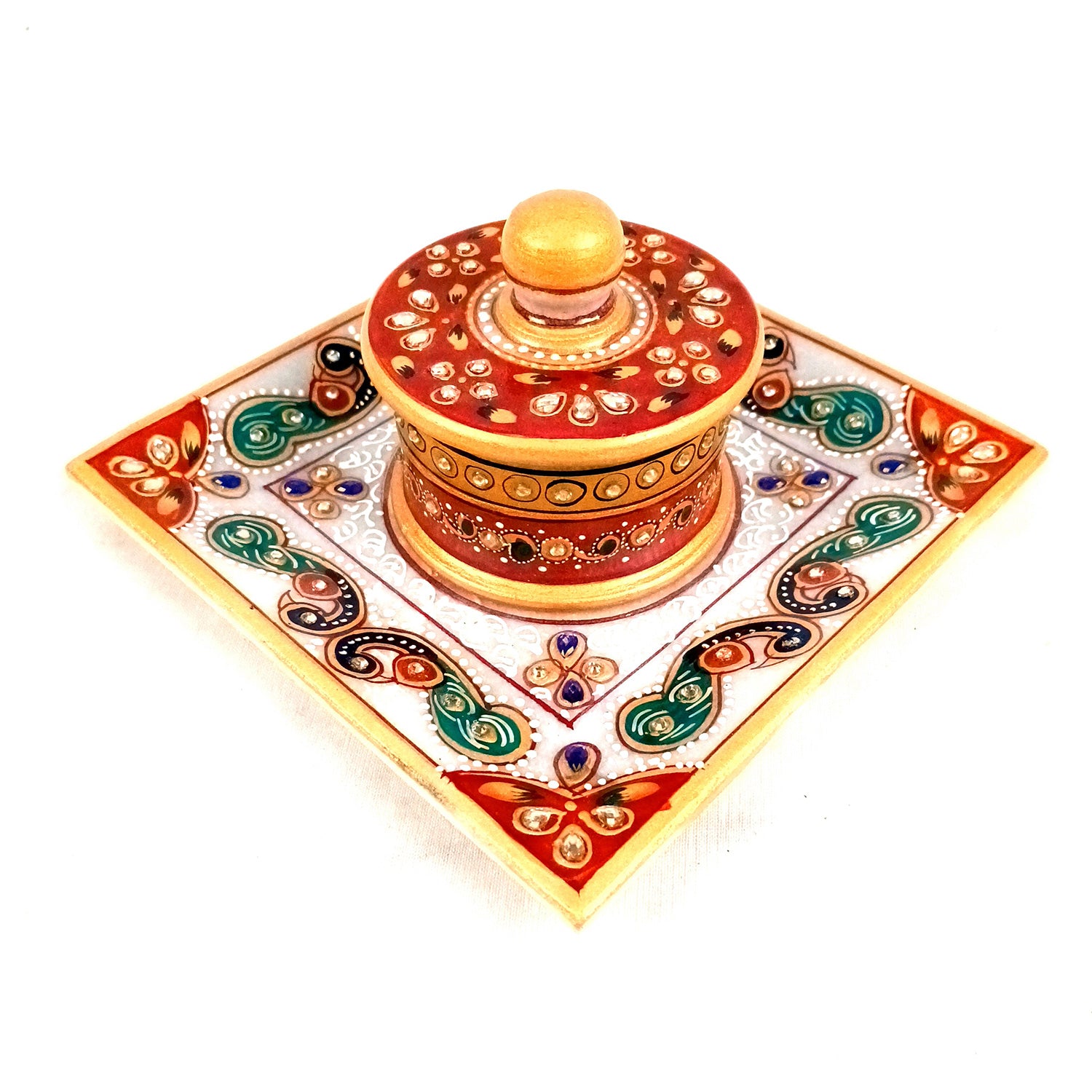 Marble Bowl with Lid for Mukhwas/Mouthfreshner/Dry Fruits with Minakari & Kundan Work | Suparidaan Container - for Kitchen, Home, & Dining Table Decor & Gifts - 6 Inch - Apkamart #Style_Design 1