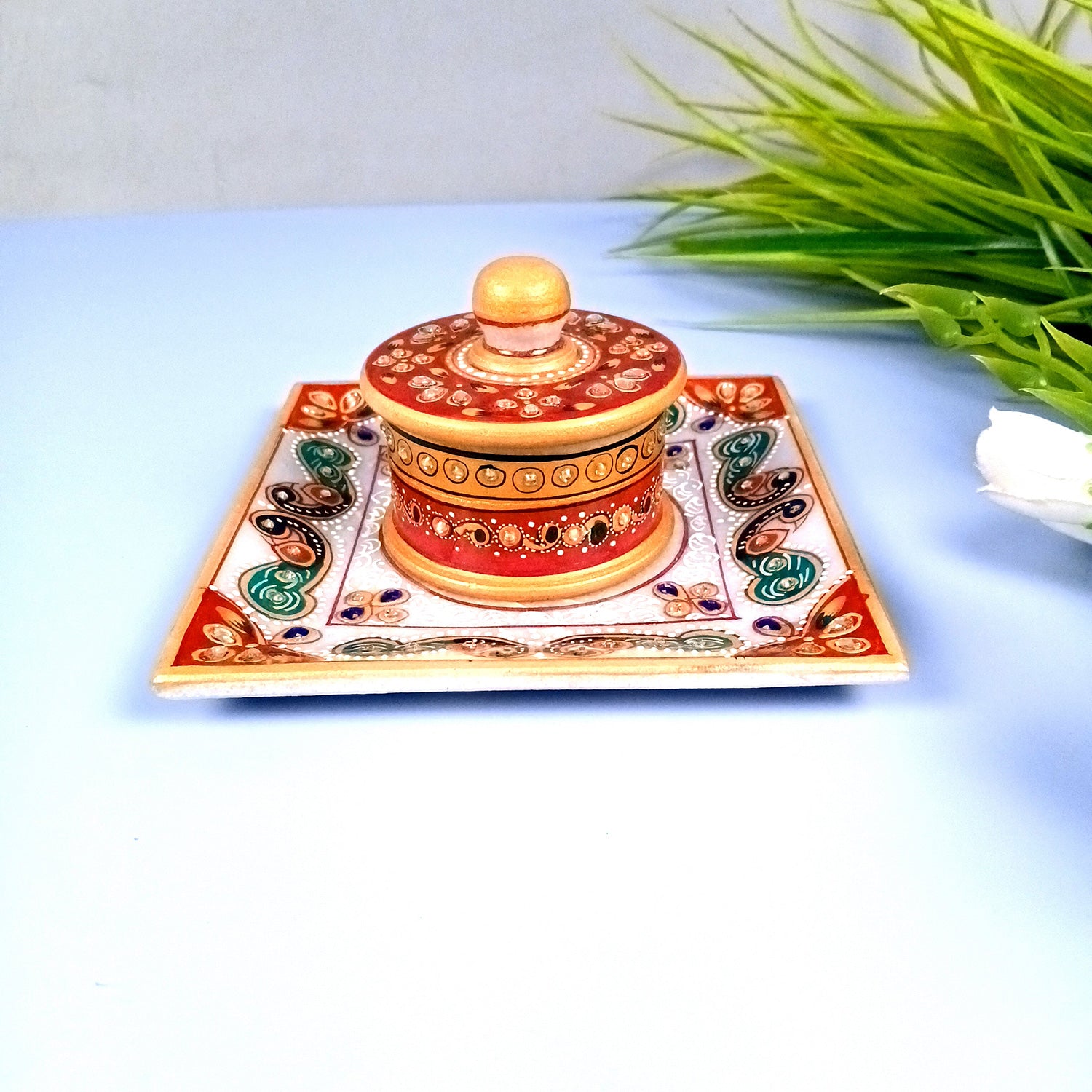 Marble Bowl with Lid for Mukhwas/Mouthfreshner/Dry Fruits with Minakari & Kundan Work | Suparidaan Container - for Kitchen, Home, & Dining Table Decor & Gifts - 6 Inch - Apkamart #Style_Design 1