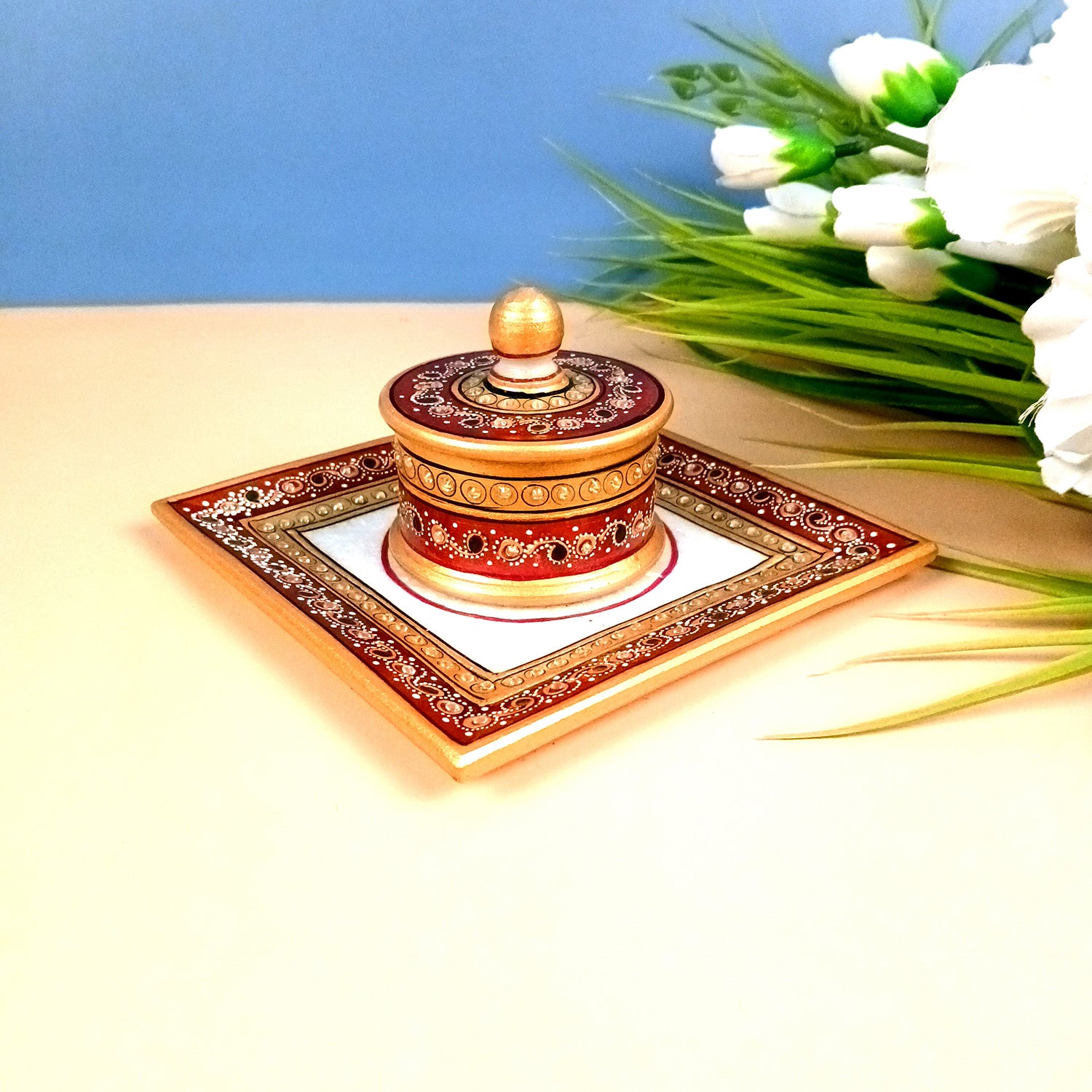 Marble Bowl with Lid for Mukhwas/Mouthfreshner/Dry Fruits with Minakari & Kundan Work | Suparidaan Container - for Kitchen, Home, & Dining Table Decor & Gifts - 6 Inch - Apkamart #Style_Design 2