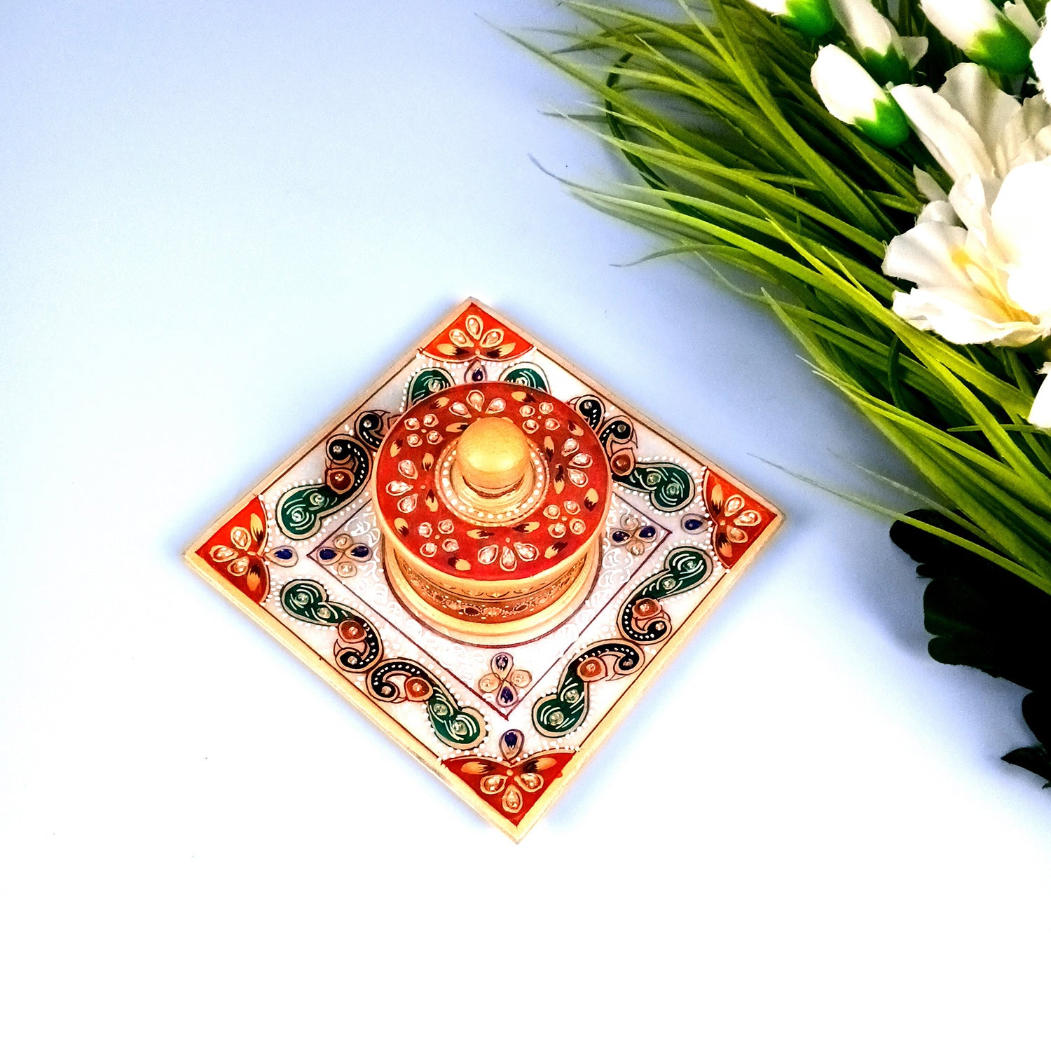 Marble Bowl with Lid for Mukhwas/Mouthfreshner/Dry Fruits with Minakari & Kundan Work | Suparidaan Container - for Kitchen, Home, & Dining Table Decor & Gifts - 6 Inch - Apkamart #Style_Design 1