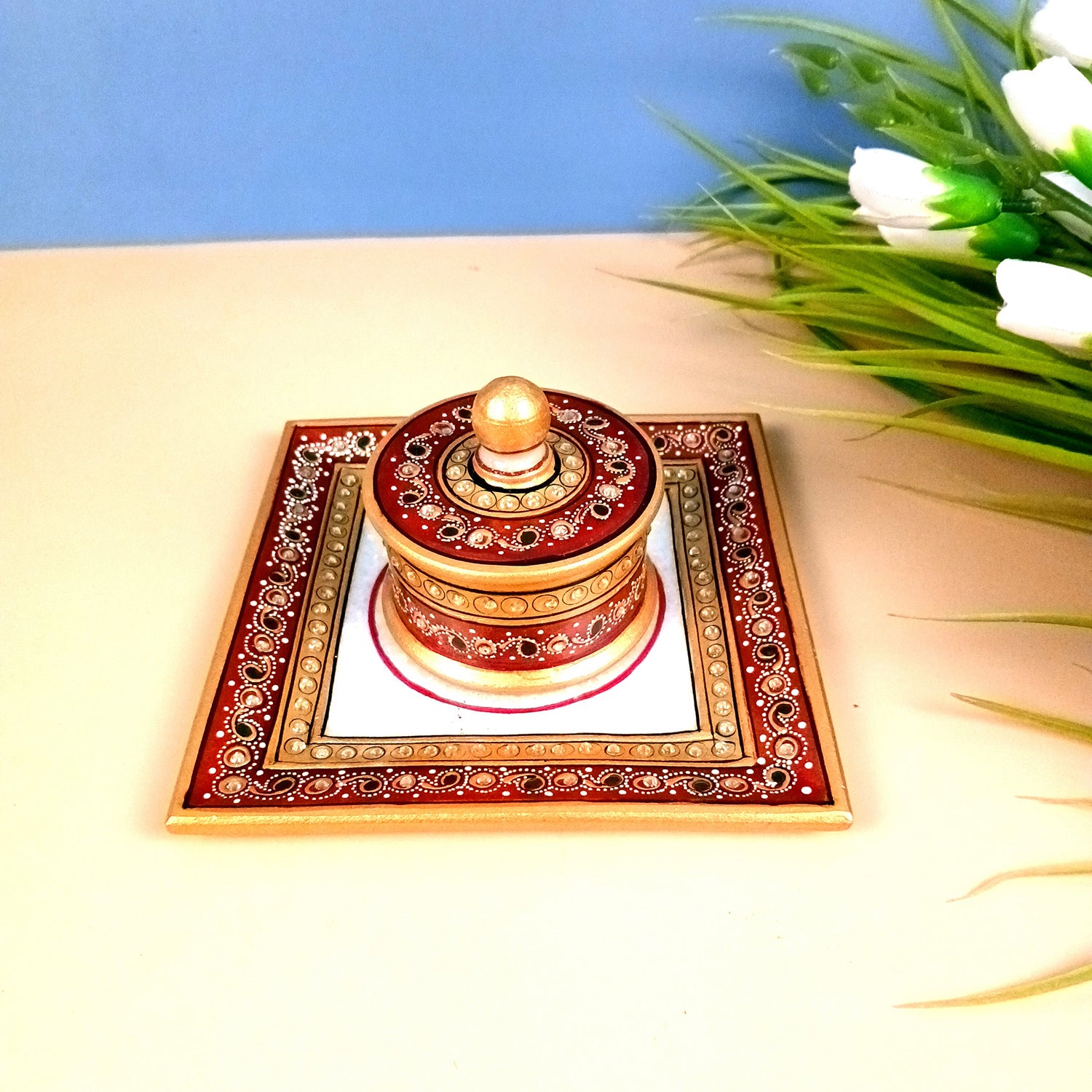 Marble Bowl with Lid for Mukhwas/Mouthfreshner/Dry Fruits with Minakari & Kundan Work | Suparidaan Container - for Kitchen, Home, & Dining Table Decor & Gifts - 6 Inch - Apkamart #Style_Design 2