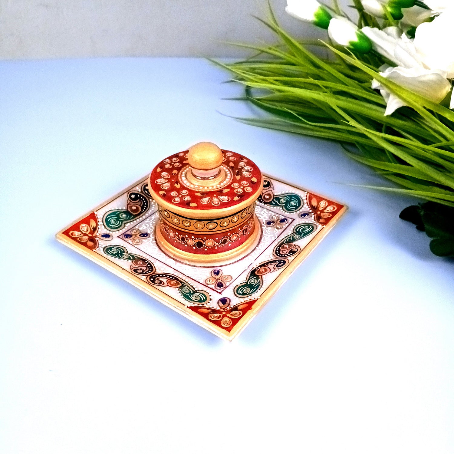 Marble Bowl with Lid for Mukhwas/Mouthfreshner/Dry Fruits with Minakari & Kundan Work | Suparidaan Container - for Kitchen, Home, & Dining Table Decor & Gifts - 6 Inch - Apkamart #Style_Design 1