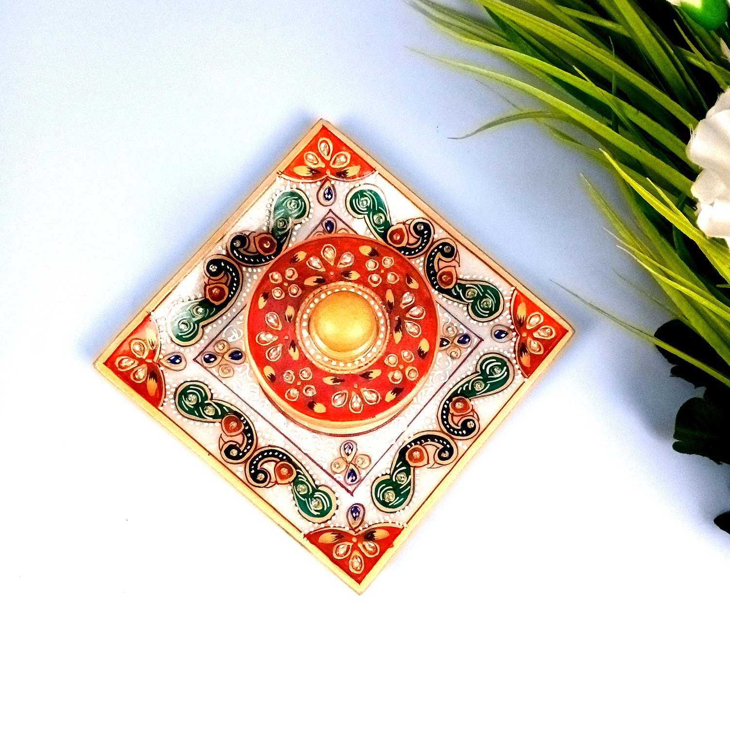 Marble Bowl with Lid for Mukhwas/Mouthfreshner/Dry Fruits with Minakari & Kundan Work | Suparidaan Container - for Kitchen, Home, & Dining Table Decor & Gifts - 6 Inch - Apkamart #Style_Design 1