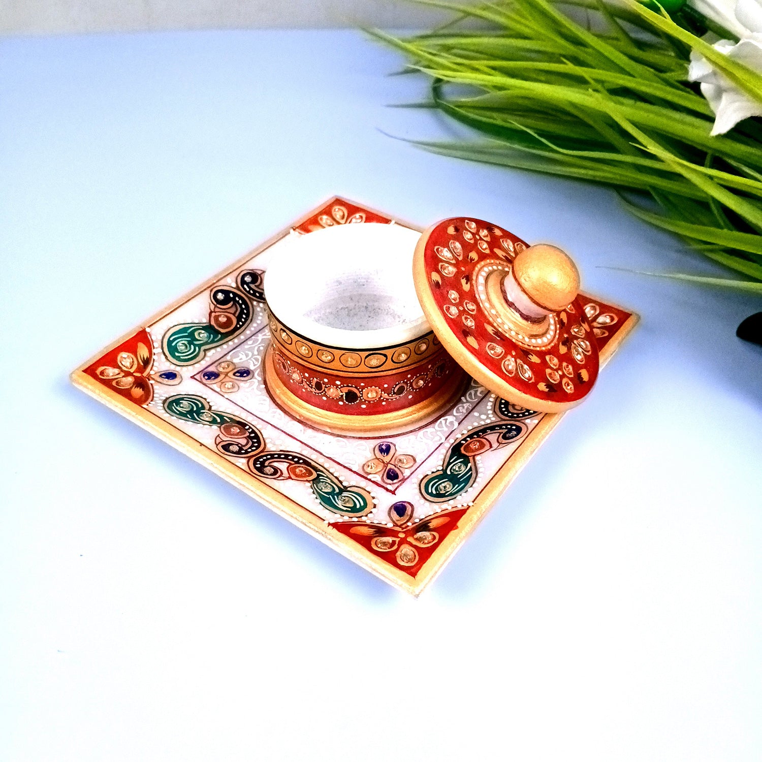 Marble Bowl with Lid for Mukhwas/Mouthfreshner/Dry Fruits with Minakari & Kundan Work | Suparidaan Container - for Kitchen, Home, & Dining Table Decor & Gifts - 6 Inch - Apkamart #Style_Design 1