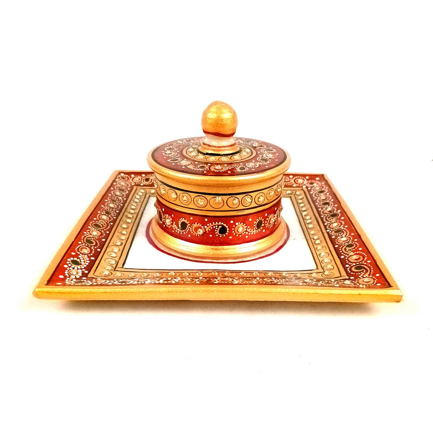 Marble Bowl with Lid for Mukhwas/Mouthfreshner/Dry Fruits with Minakari & Kundan Work | Suparidaan Container - for Kitchen, Home, & Dining Table Decor & Gifts - 6 Inch - Apkamart #Style_Design 2