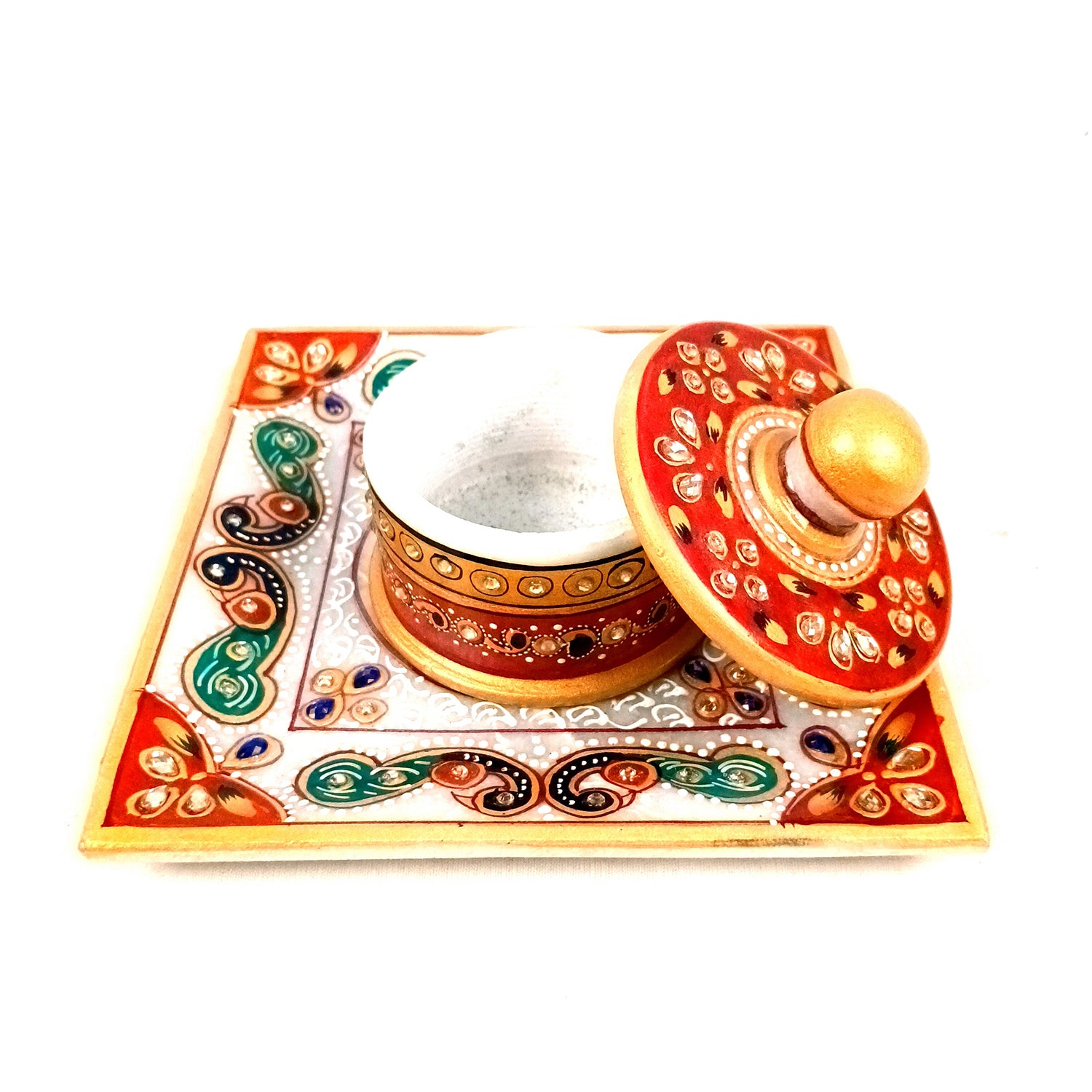 Marble Bowl with Lid for Mukhwas/Mouthfreshner/Dry Fruits with Minakari & Kundan Work | Suparidaan Container - for Kitchen, Home, & Dining Table Decor & Gifts - 6 Inch - Apkamart #Style_Design 1